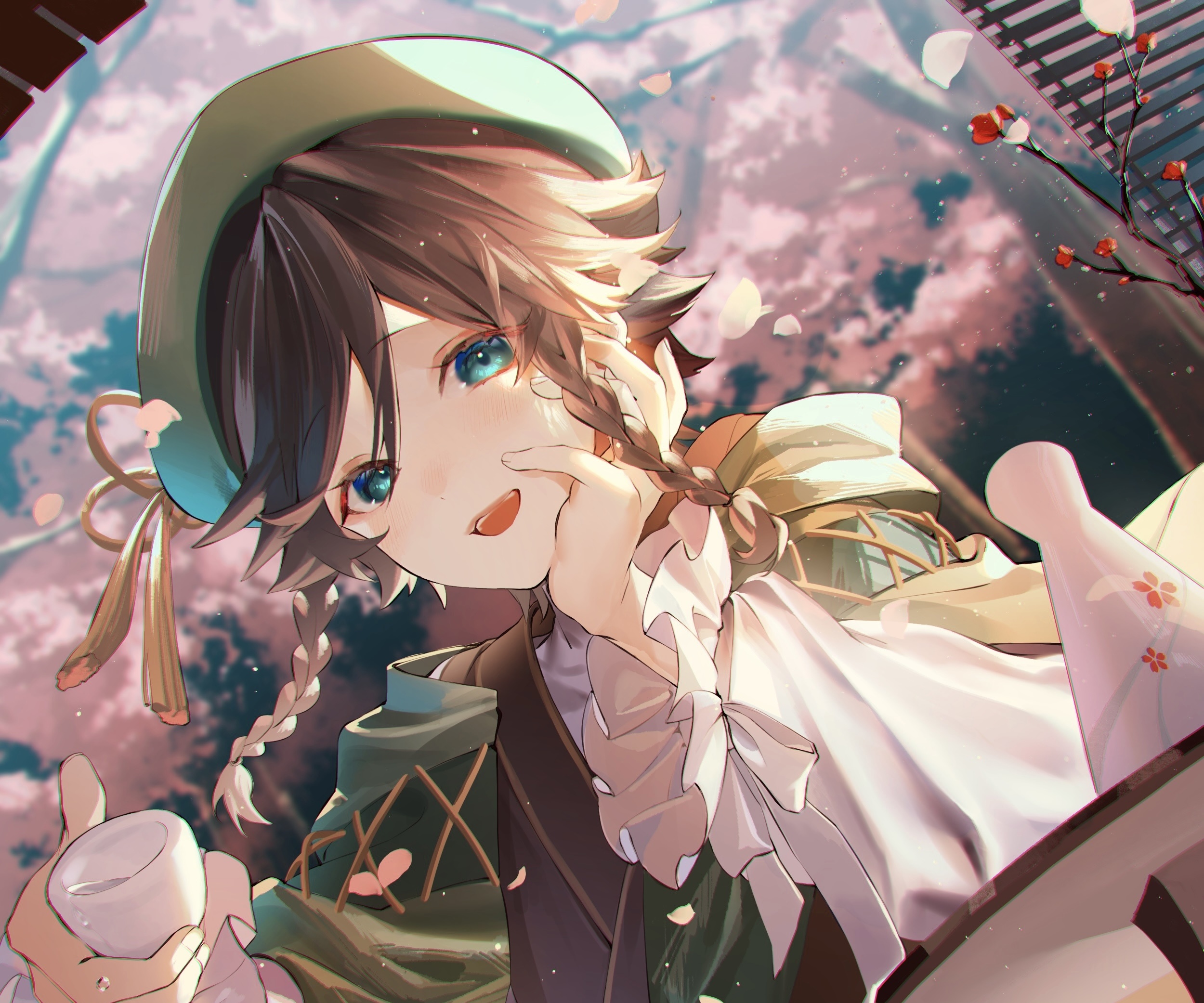 Venti from Genshin Impact with cherry blossoms HD Wallpaper