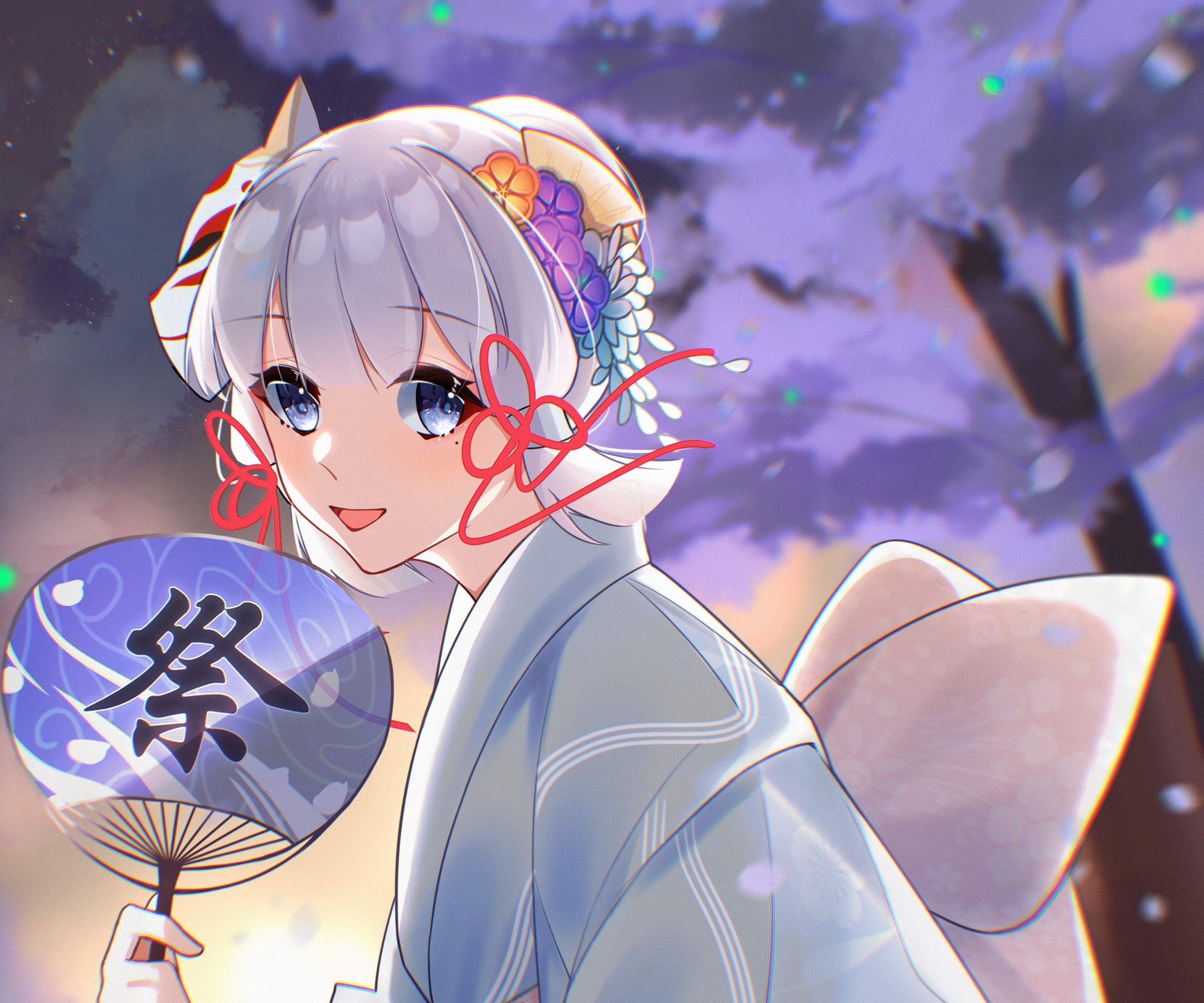 Kamisato Ayaka from Genshin Impact holding a fan HD Wallpaper