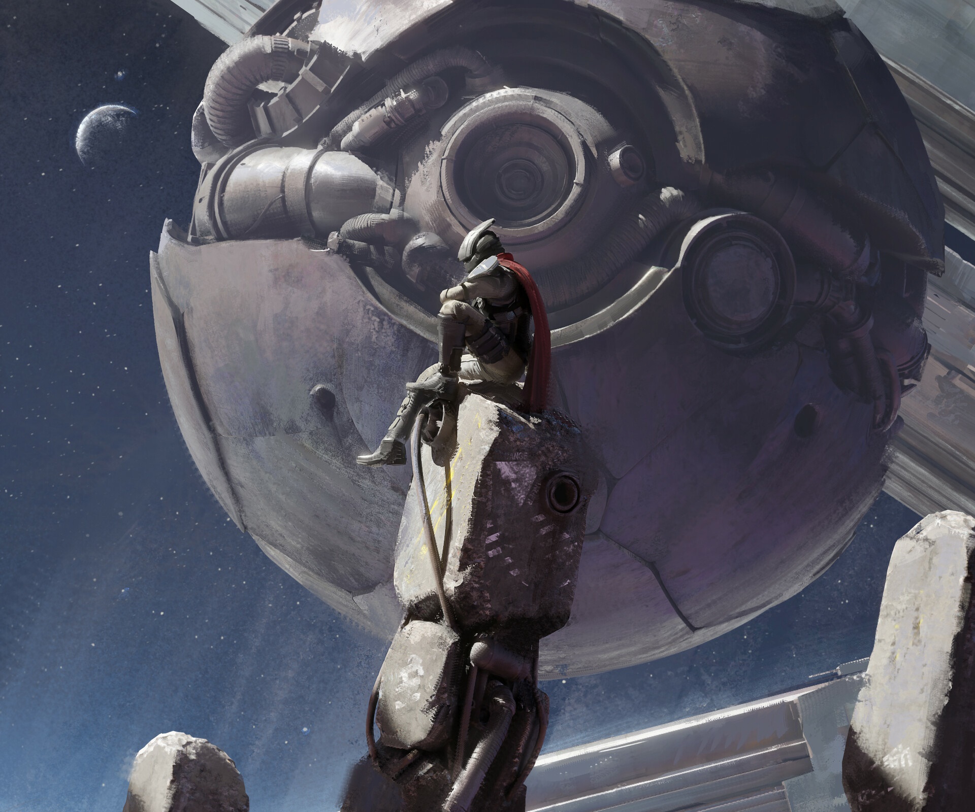 Sci Fi Warrior Sitting on Structure Near Large Sphere HD Wallpaper