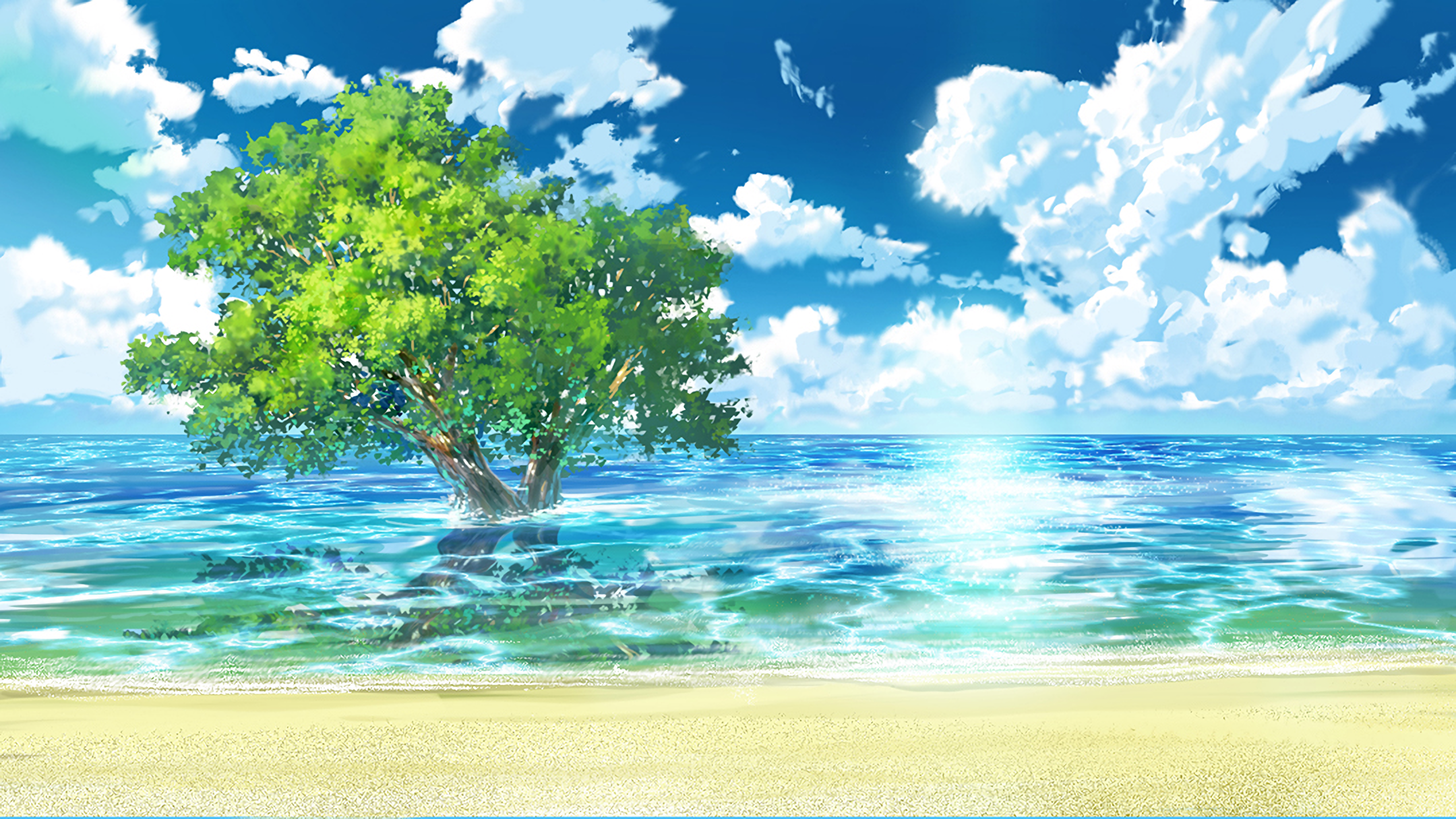 Tree growing in the ocean under a blue sky HD Wallpaper
