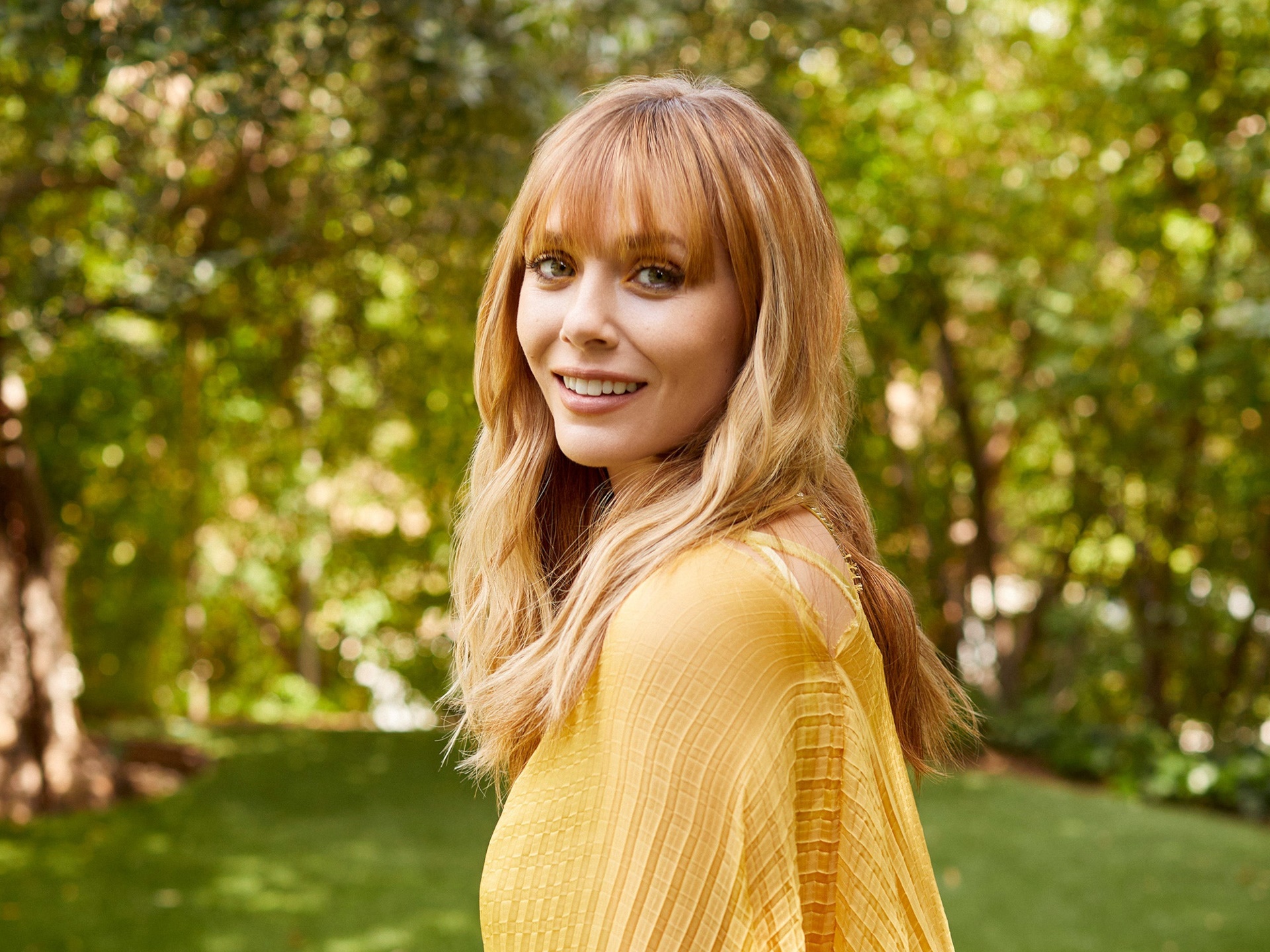 Elizabeth Olsen in Yellow Dress Outdoors HD Wallpaper