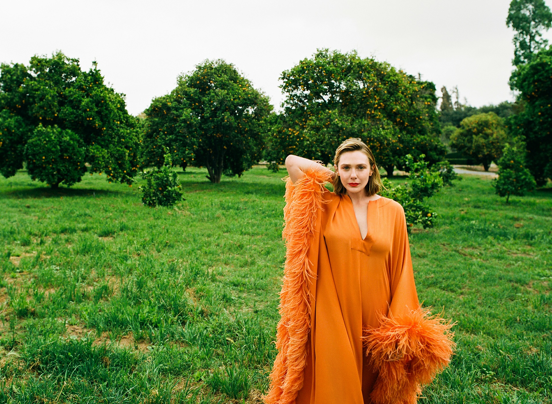Elizabeth Olsen in an orange dress in a garden HD Wallpaper
