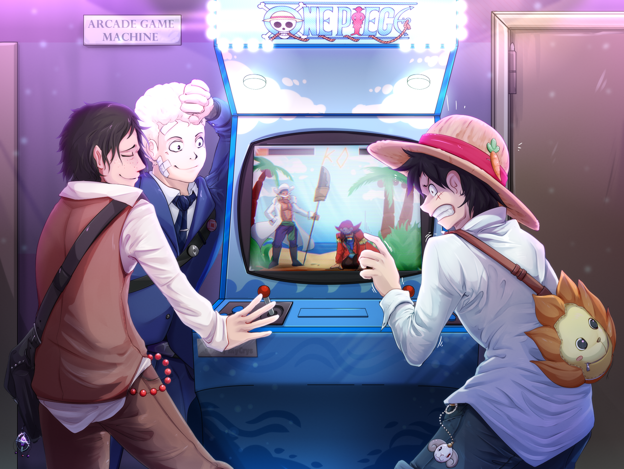 One Piece characters playing an arcade game HD Wallpaper