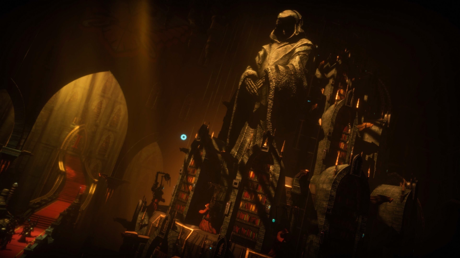 Statue in a dark gothic hall from Warhammer 40,000: Chaos Gate - Daemonhunters HD Wallpaper
