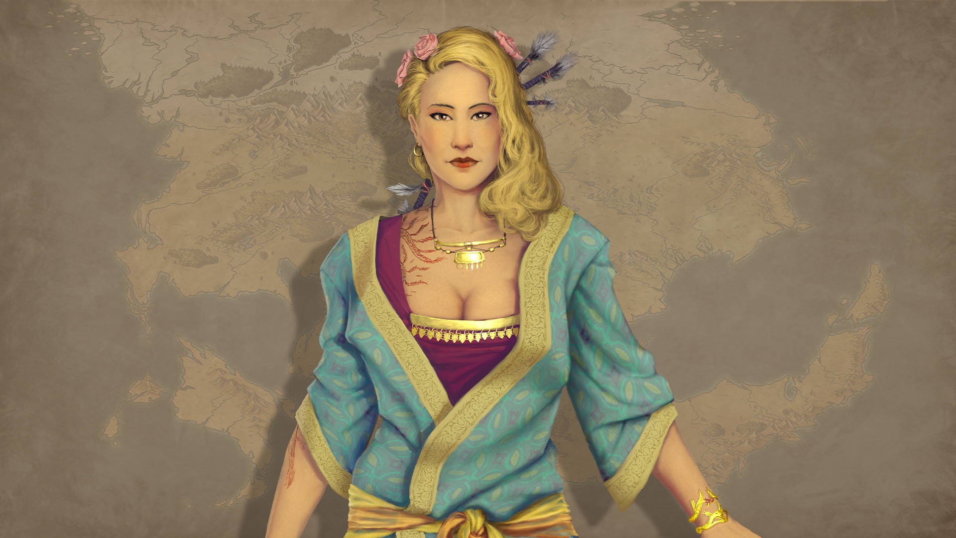 Woman with blonde hair and ornate clothing HD Wallpaper