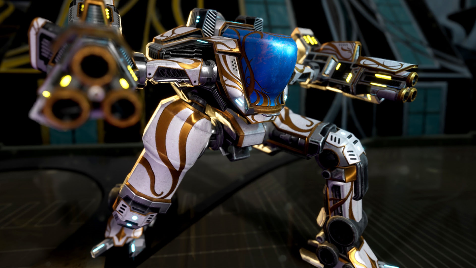 White and gold mech with blue accents HD Wallpaper