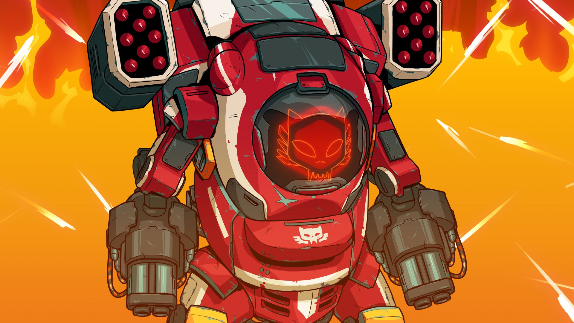 Red mech with cat pilot and missile launchers HD Wallpaper