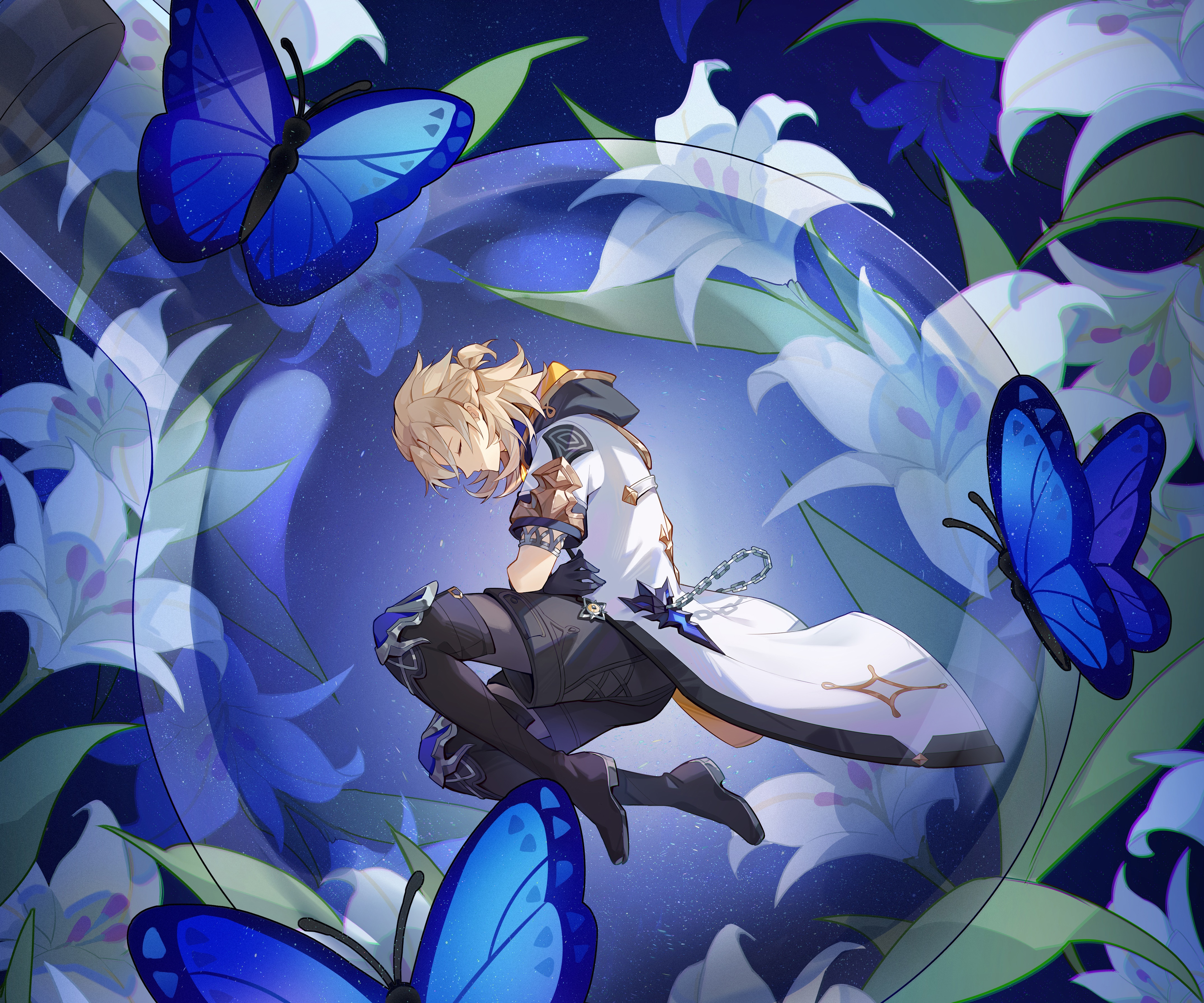 Albedo from Genshin Impact with Blue Butterflies HD Wallpaper