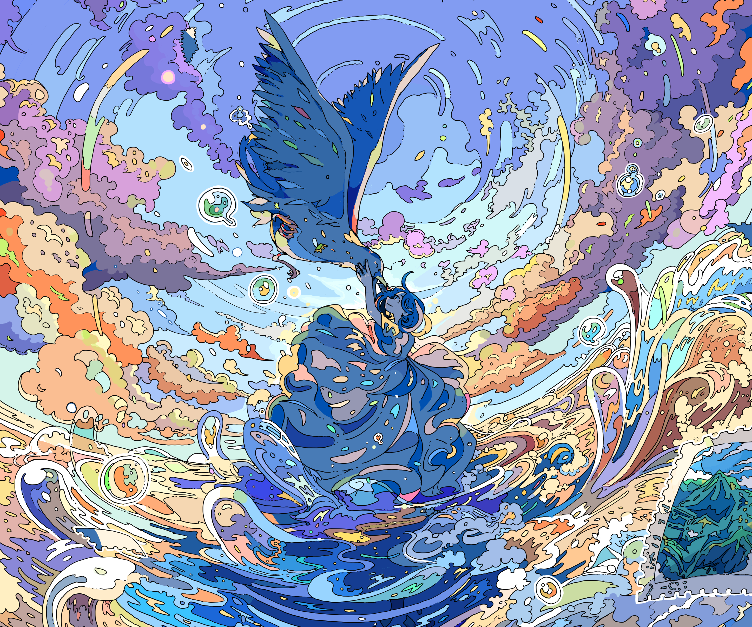 Woman and bird in a swirling sky HD Wallpaper