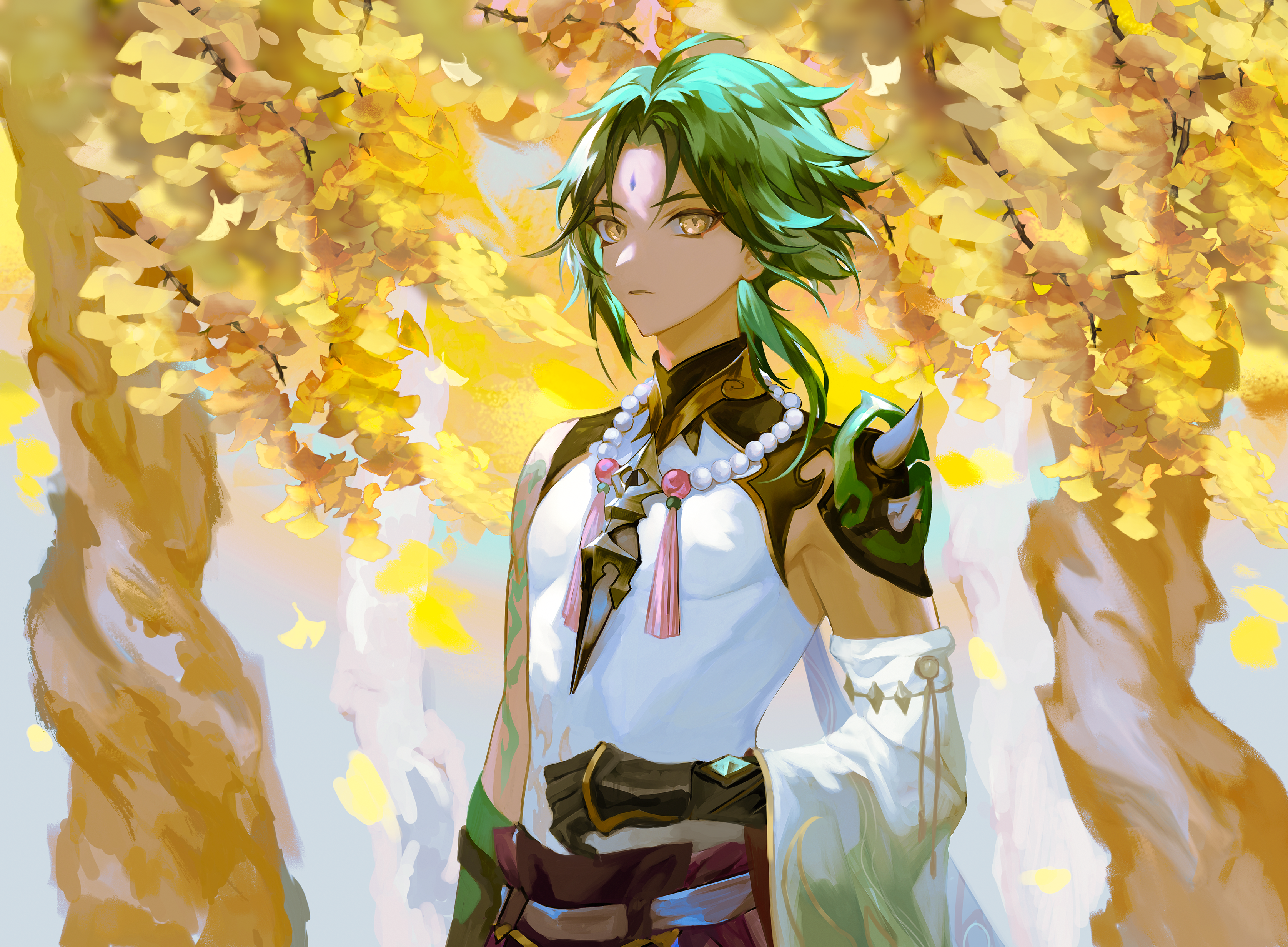 Xiao from Genshin Impact under autumn leaves HD Wallpaper