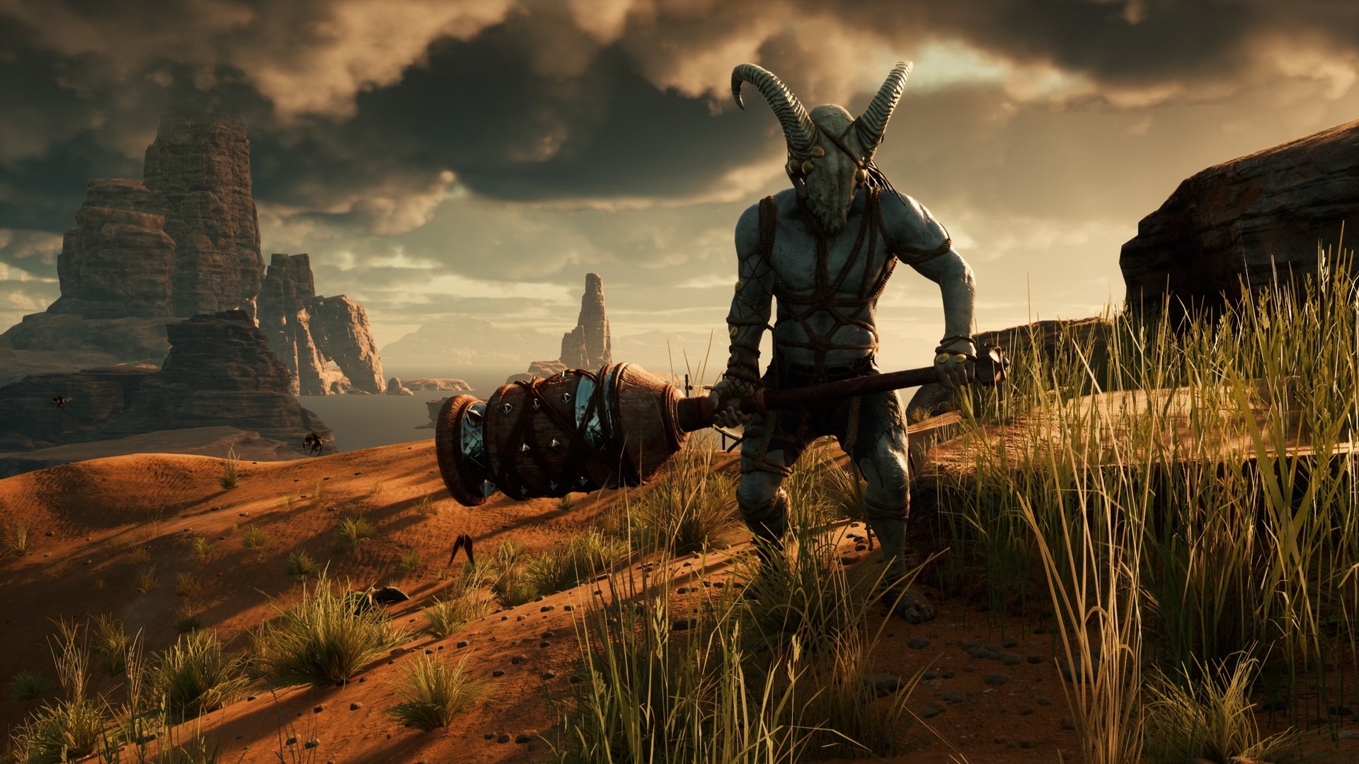Creature with horns and mace in desert landscape HD Wallpaper