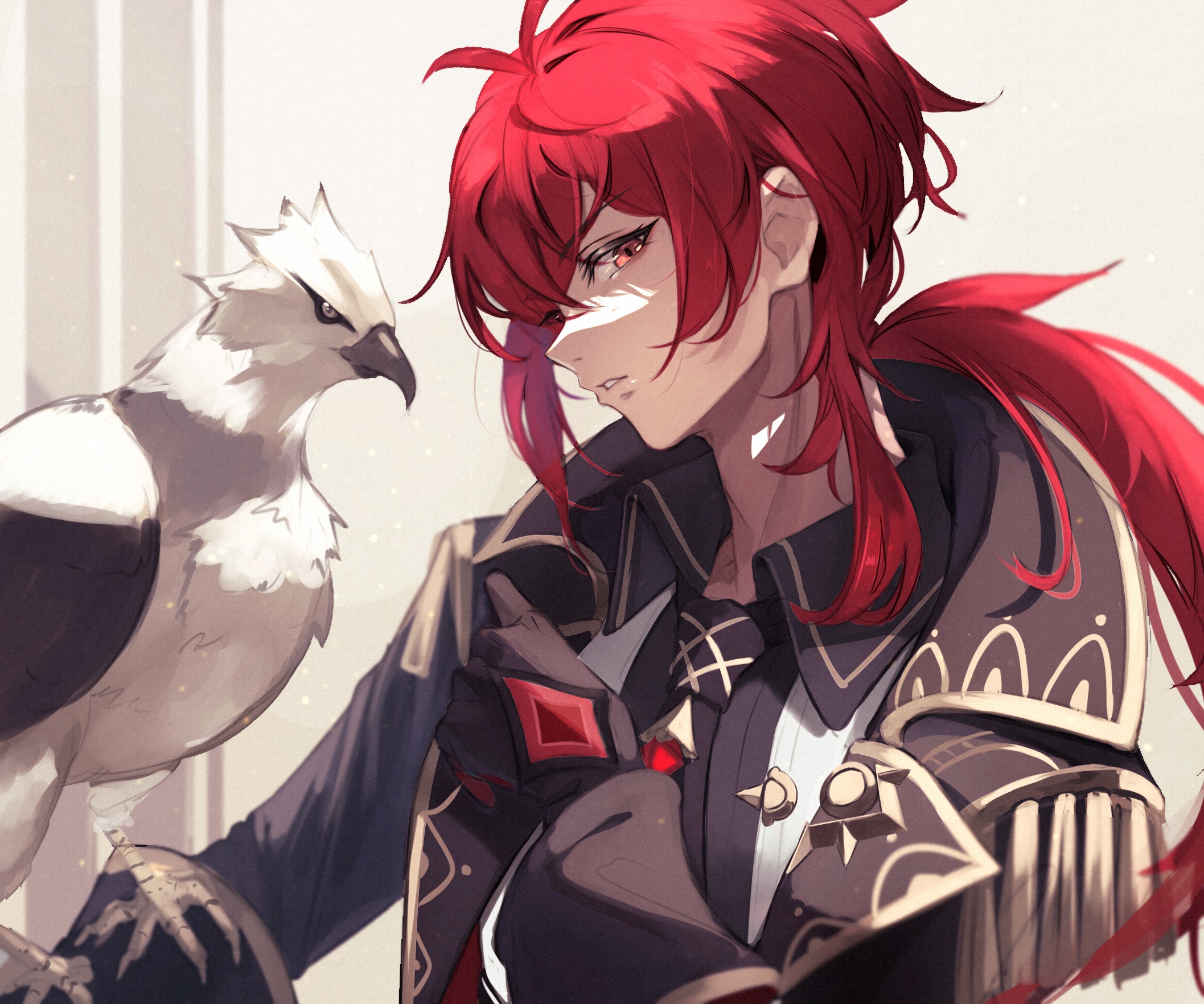 Diluc from Genshin Impact with a bird HD Wallpaper