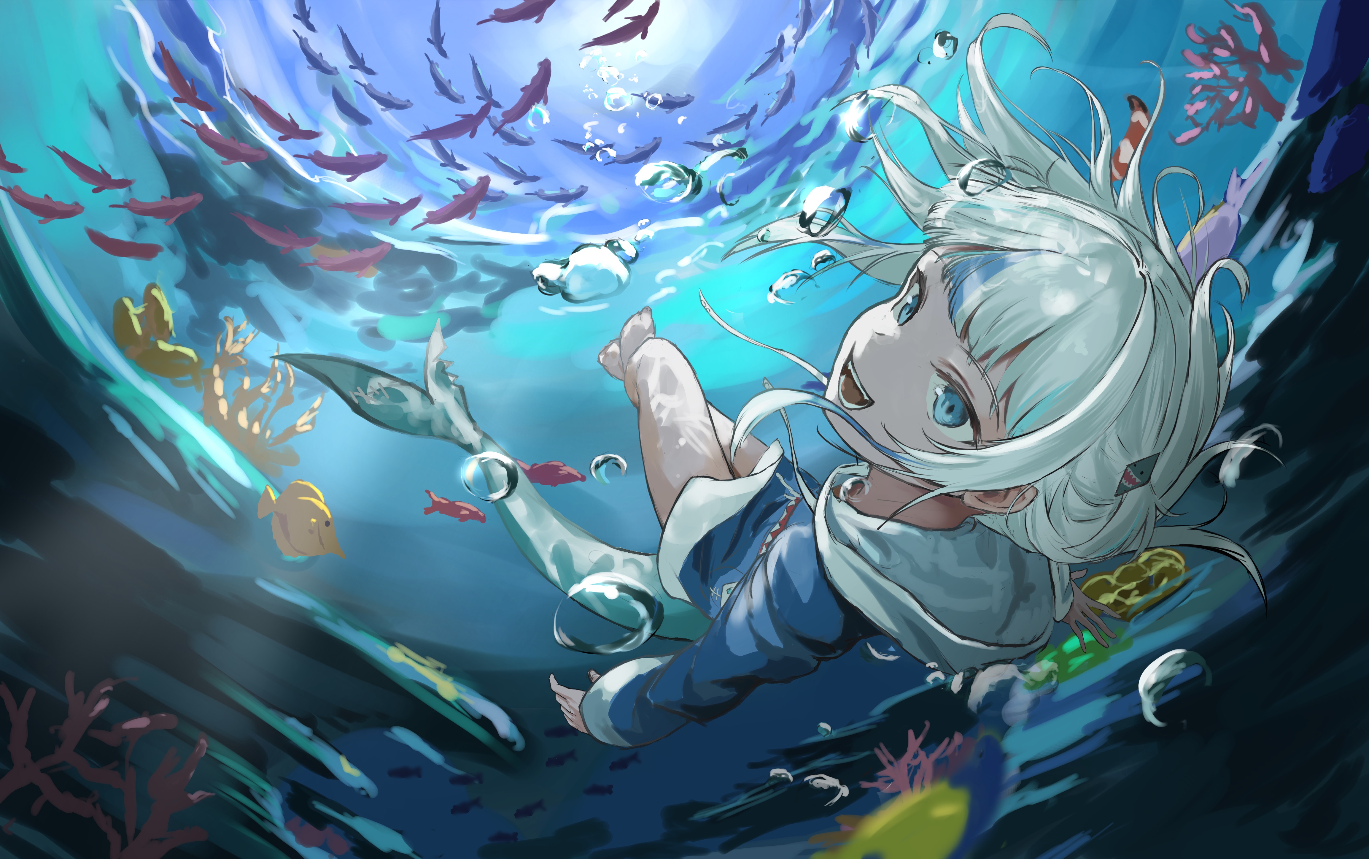 Gawr Gura from Hololive underwater with fish HD Wallpaper