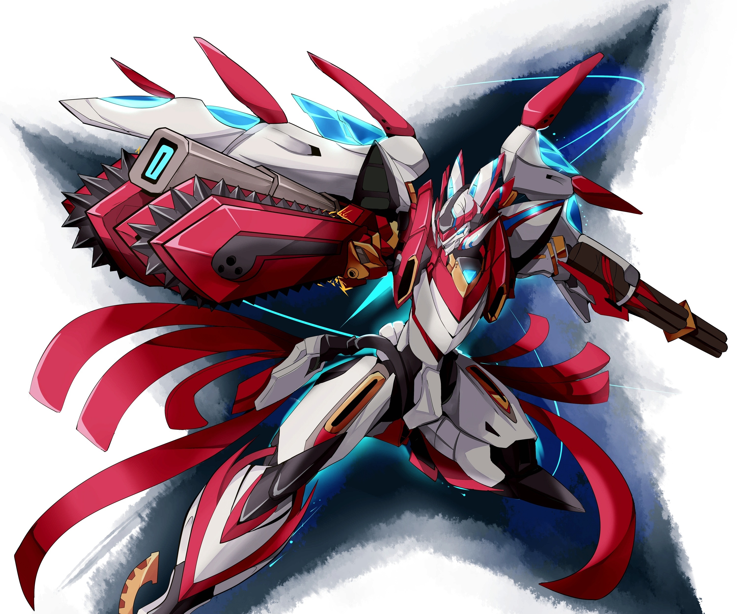 Red and white mecha with large weapon HD Wallpaper