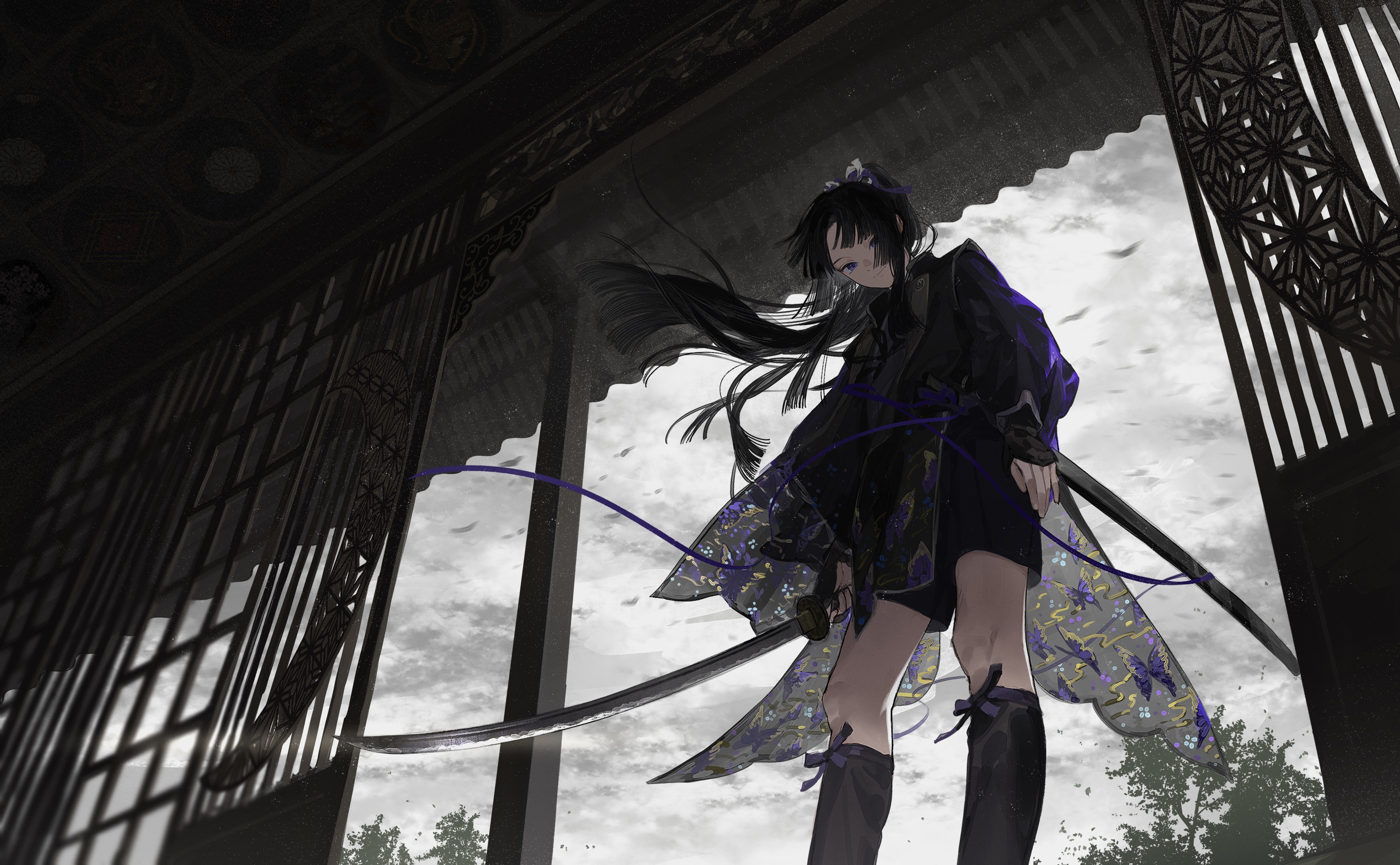 Anime girl with katana in traditional Japanese architecture HD Wallpaper