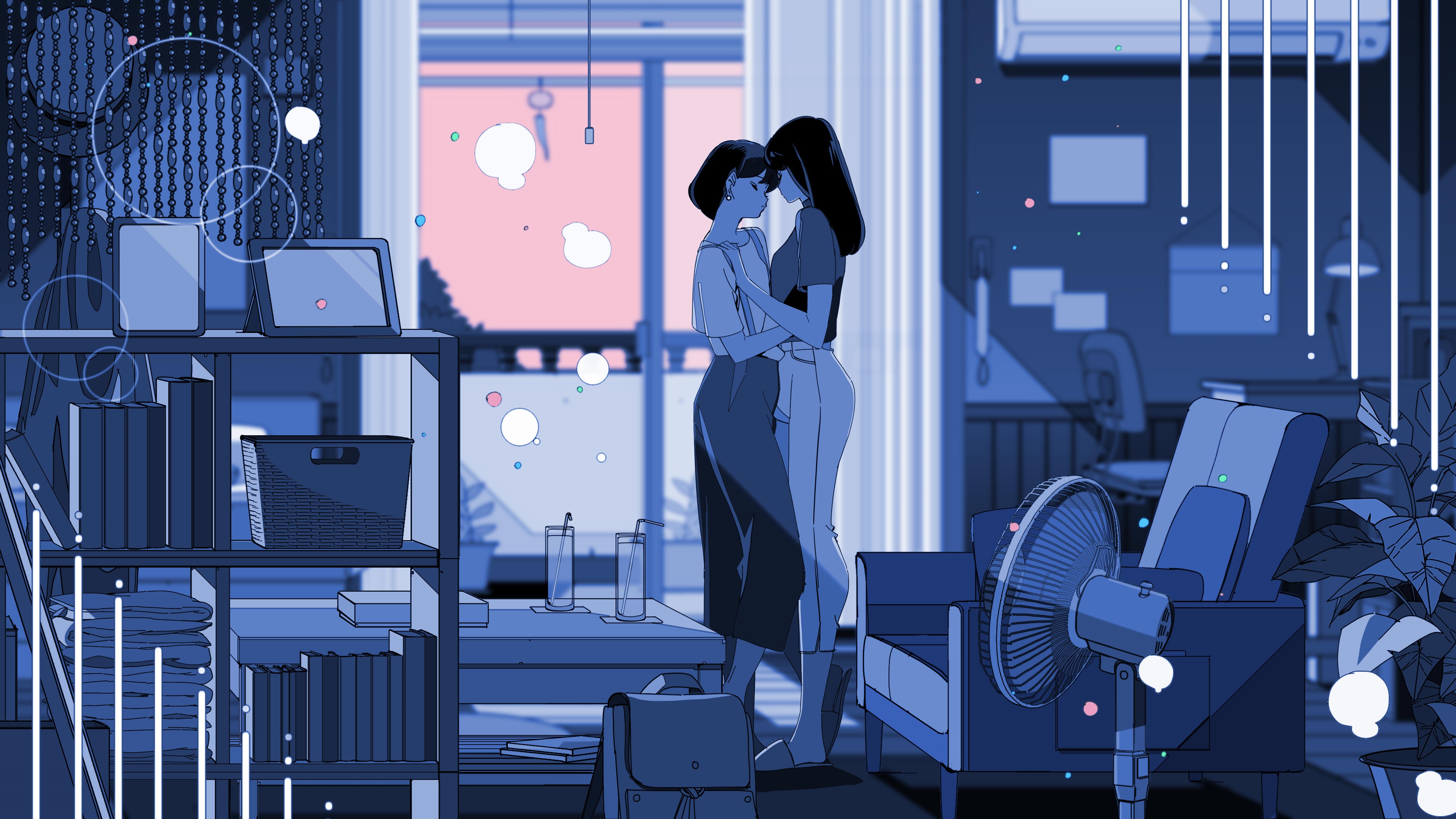 Two women embracing in a room with a fan HD Wallpaper