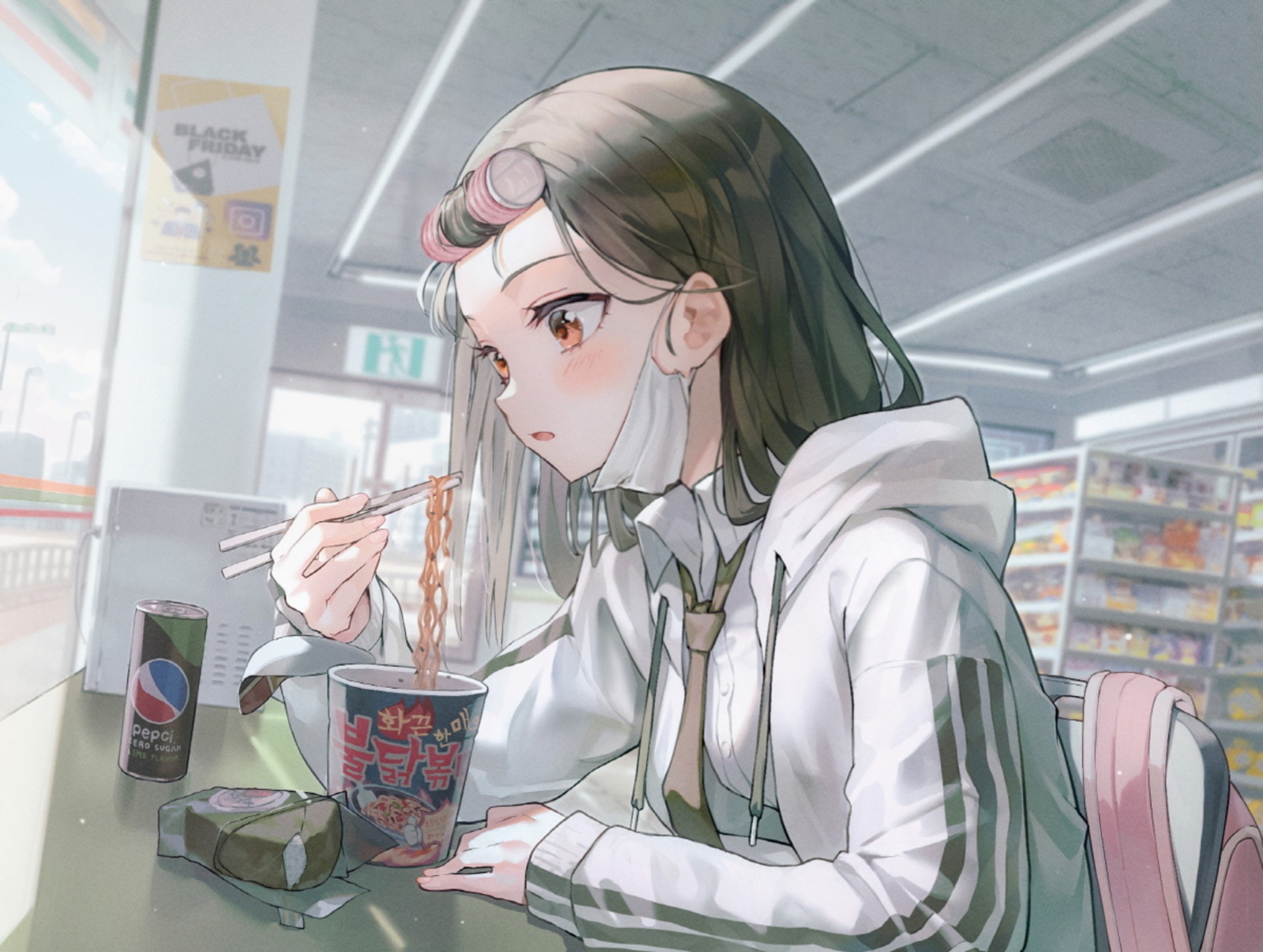 Girl eating instant noodles at convenience store HD Wallpaper