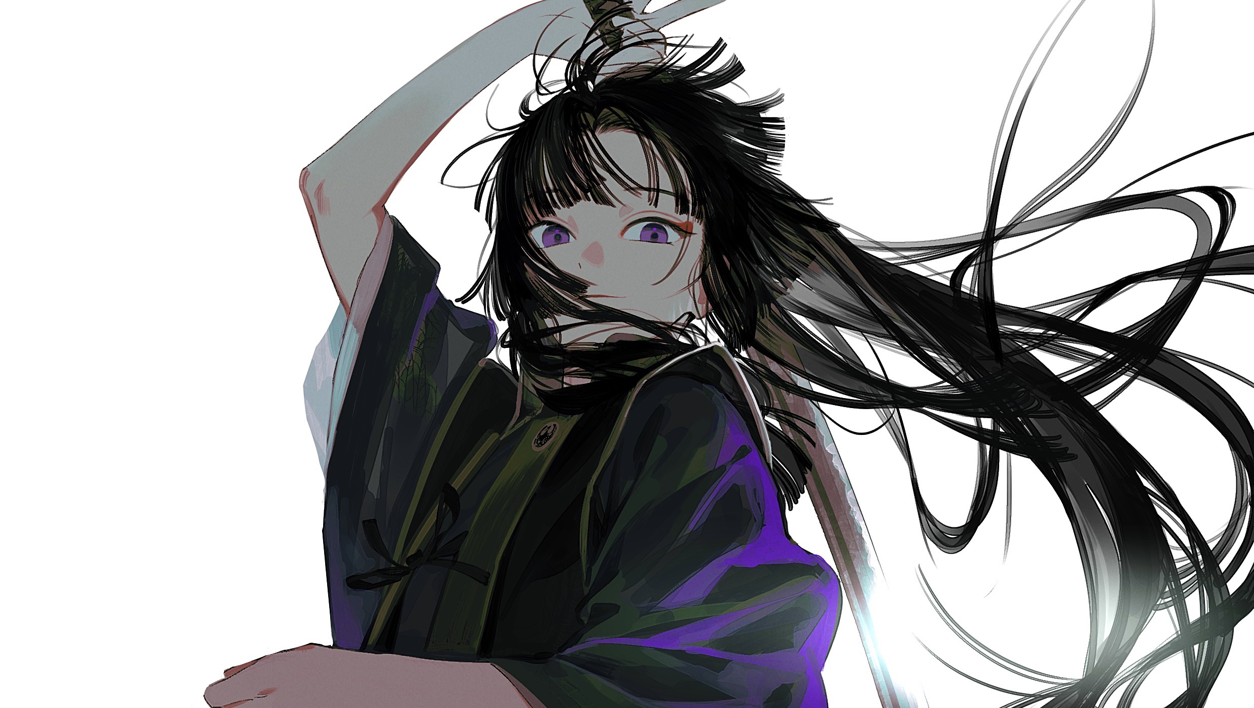 Girl with black hair and purple eyes holding a sword HD Wallpaper