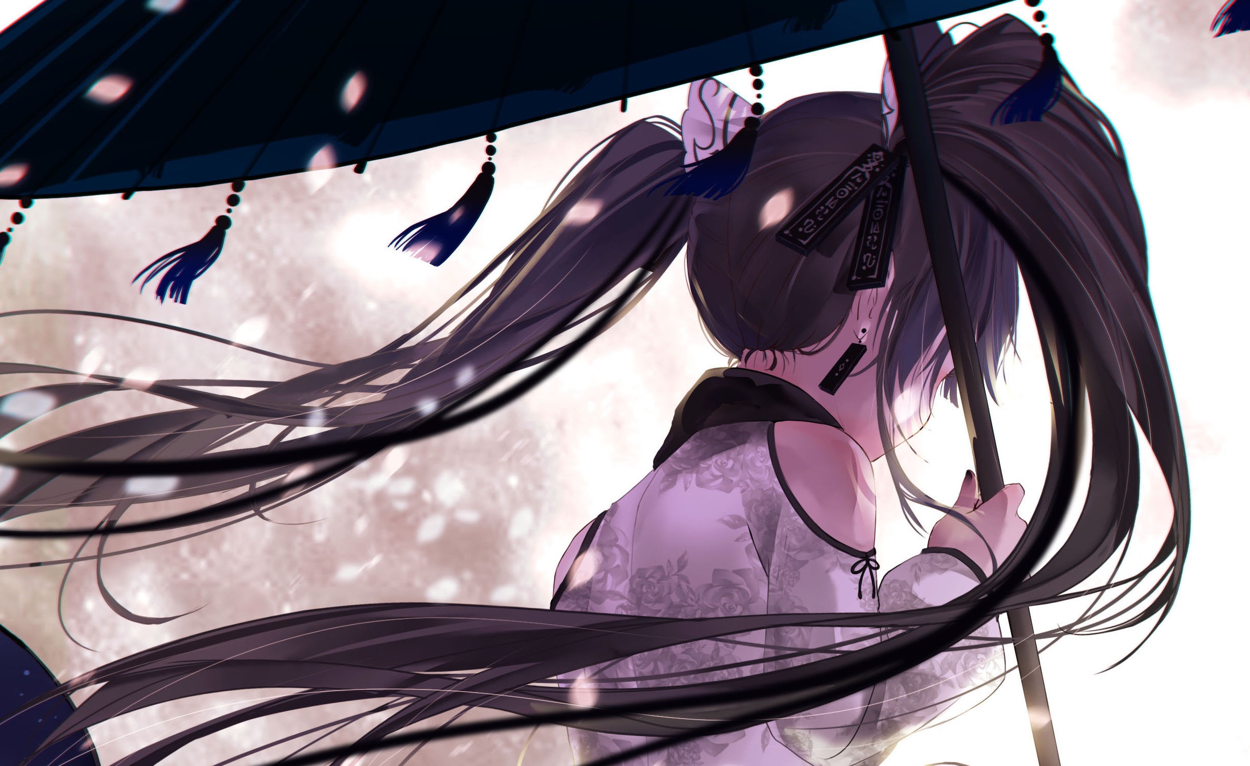 Girl with umbrella and pigtails HD Wallpaper