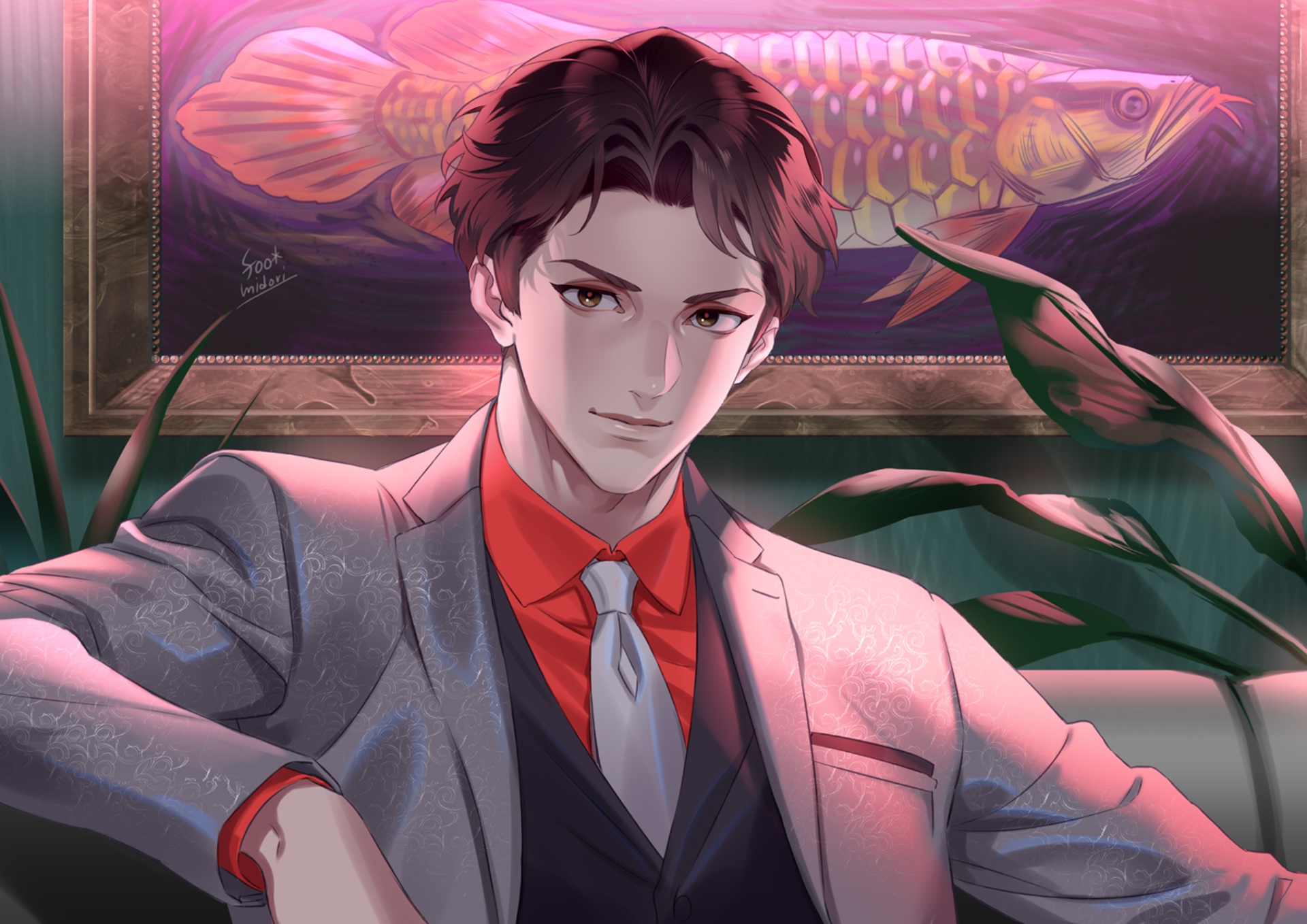 Man in suit with painting of fish HD Wallpaper