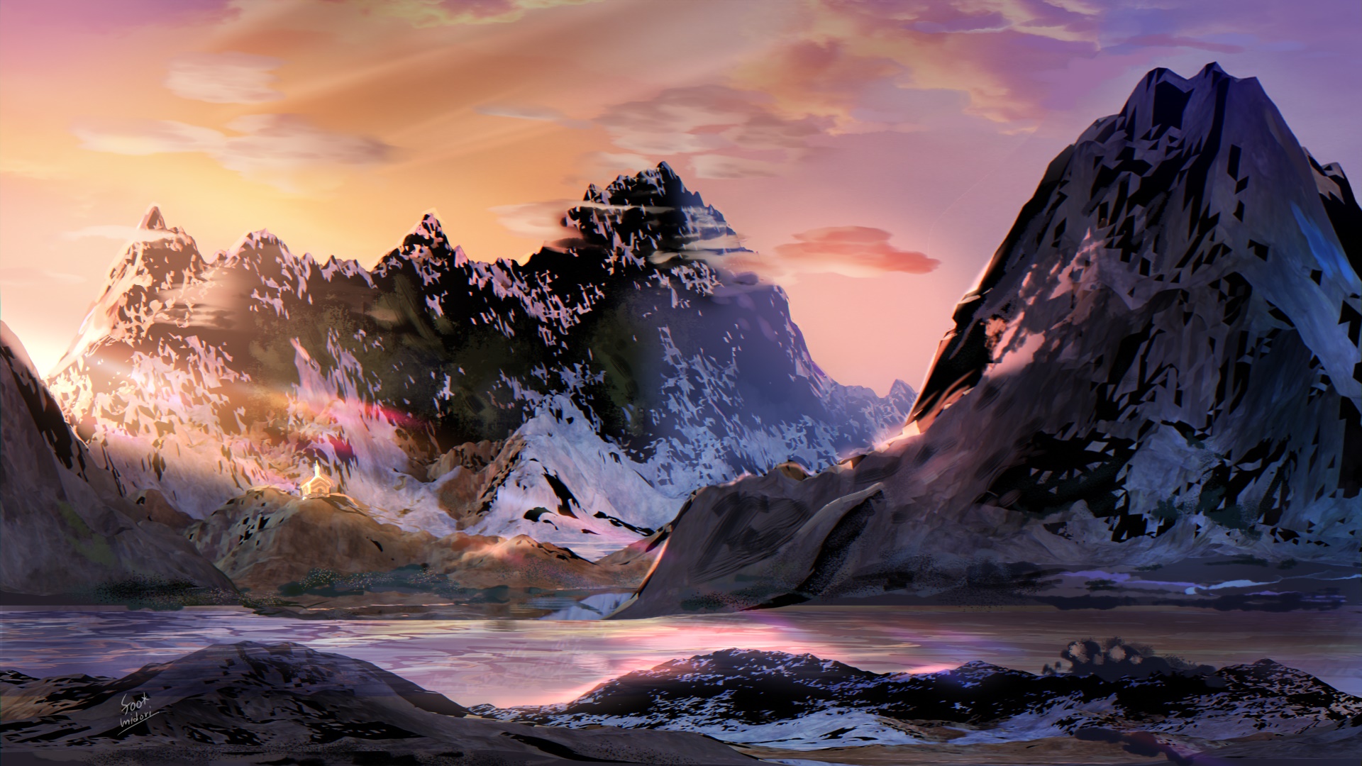 Mountain landscape with lake at sunset HD Wallpaper