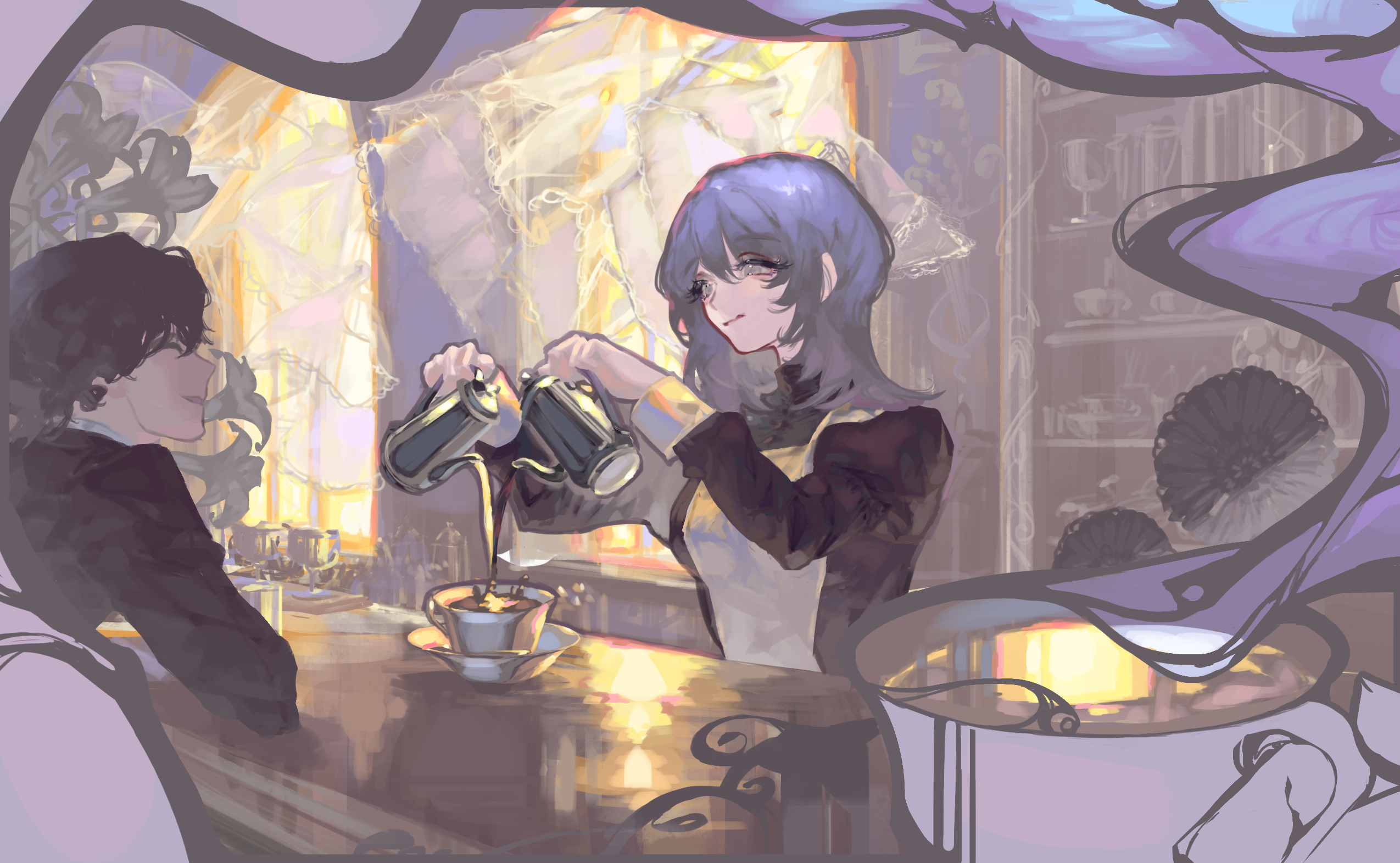 Girl pouring tea for a man in a cafe HD Wallpaper