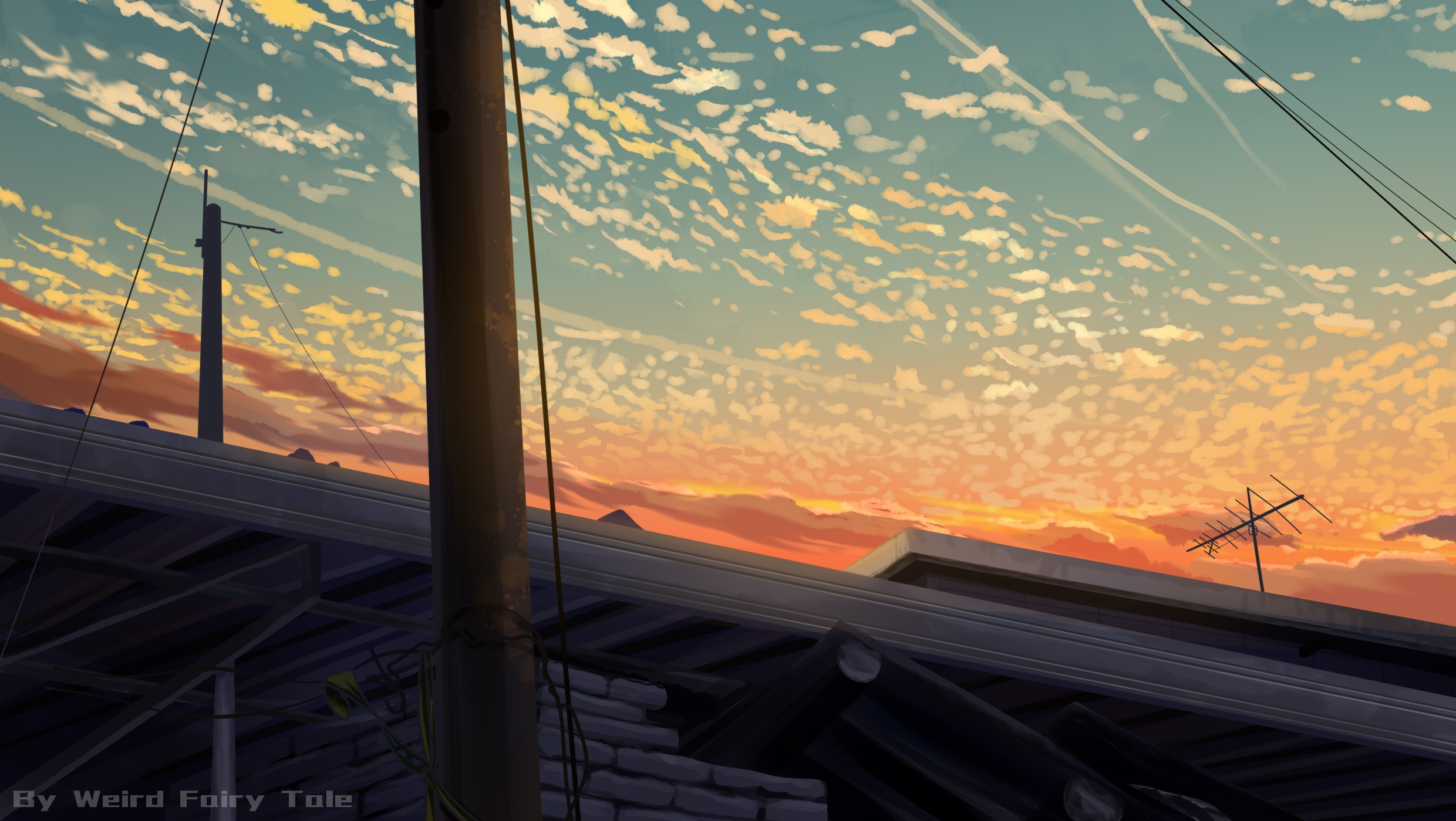 Anime sunset over rooftops with power lines HD Wallpaper