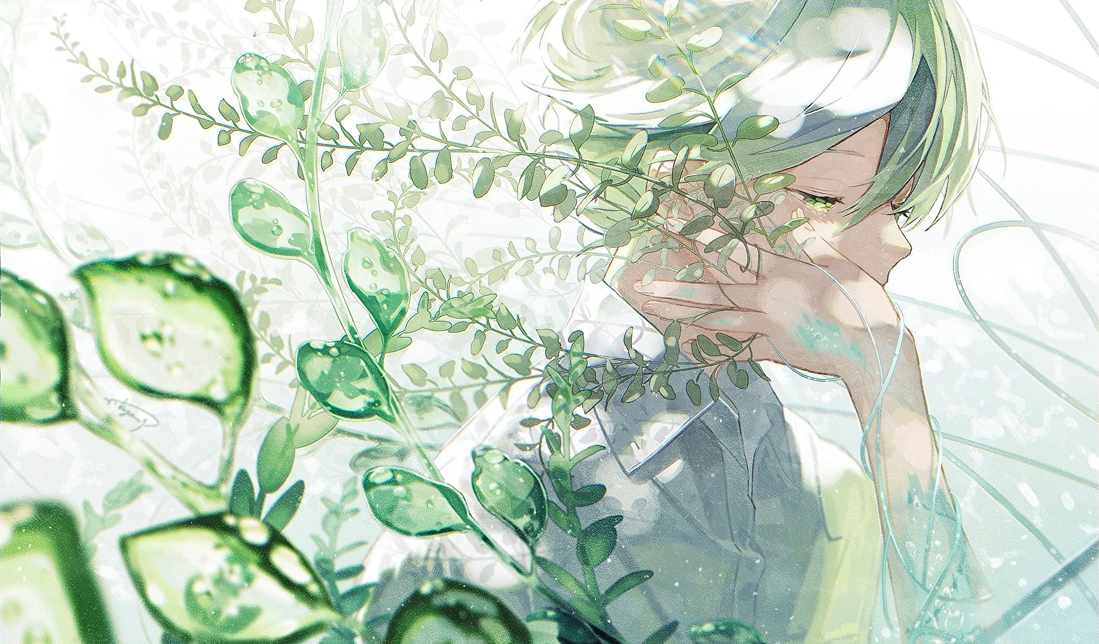 Anime boy with green hair and plants HD Wallpaper