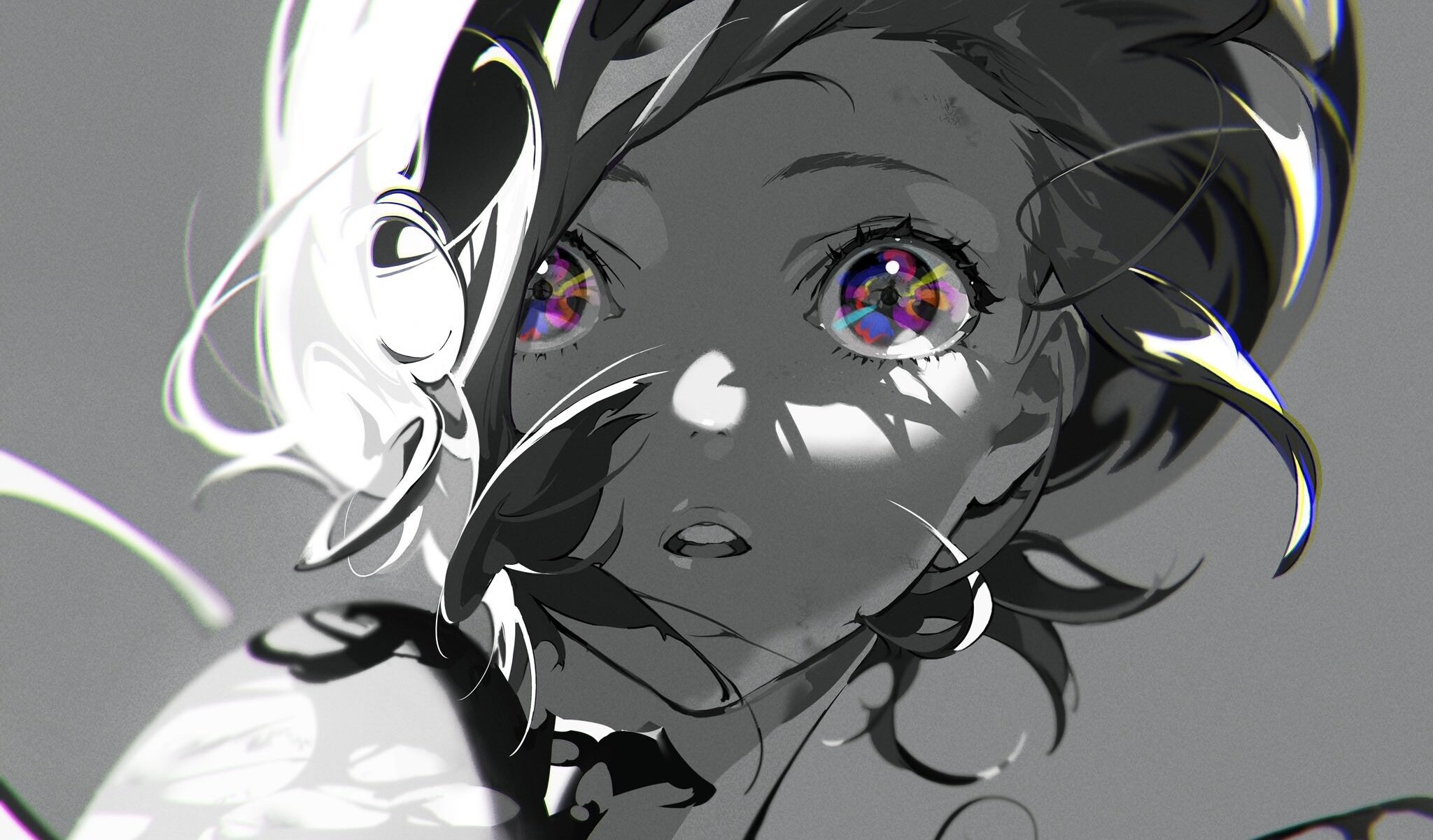 Girl with colorful eyes in grayscale HD Wallpaper