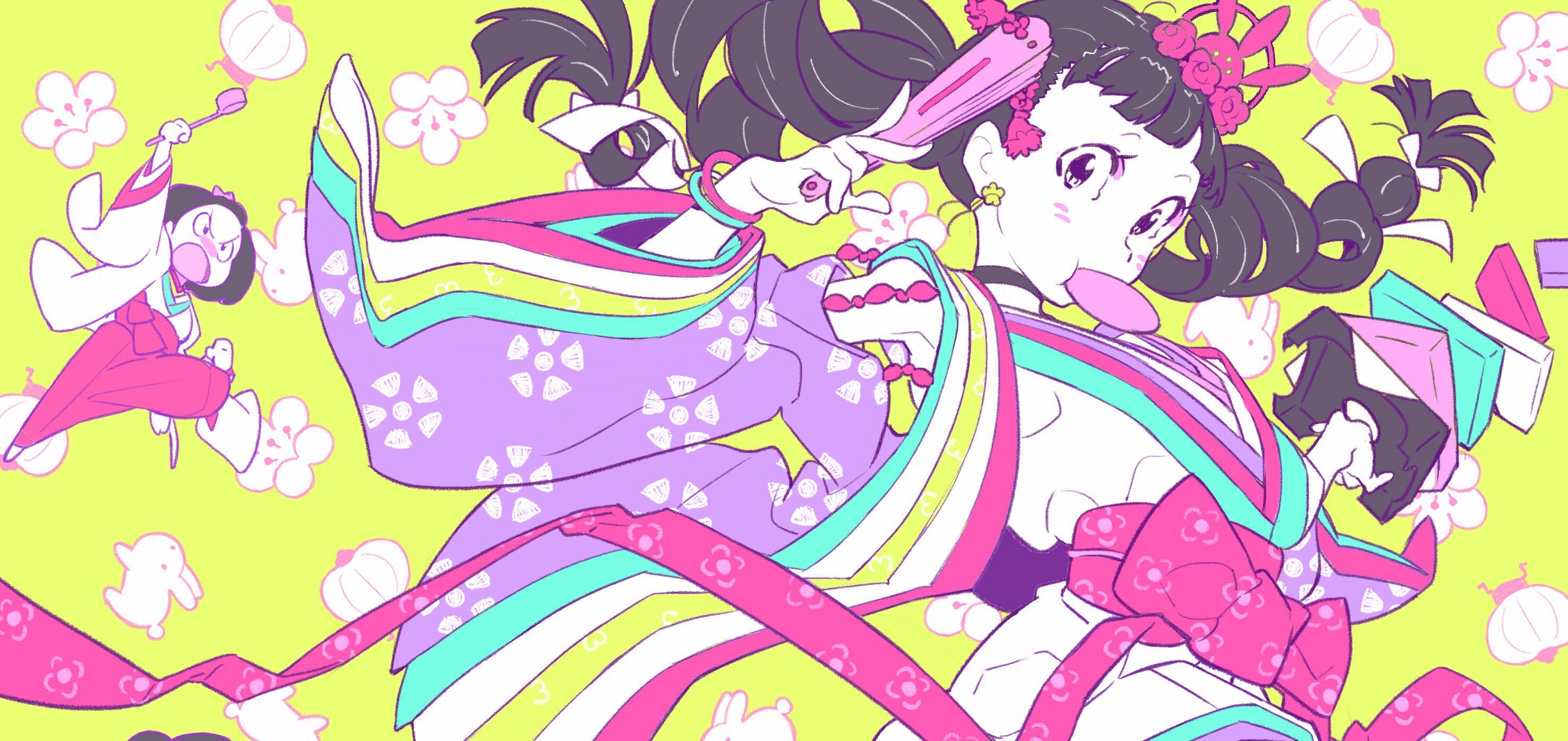 Girls in colorful kimonos with decorative elements HD Wallpaper