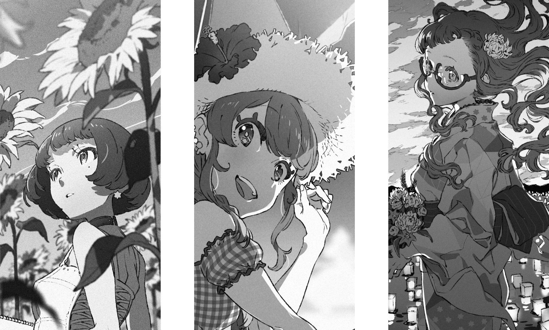 Three anime girls in a black and white illustration HD Wallpaper