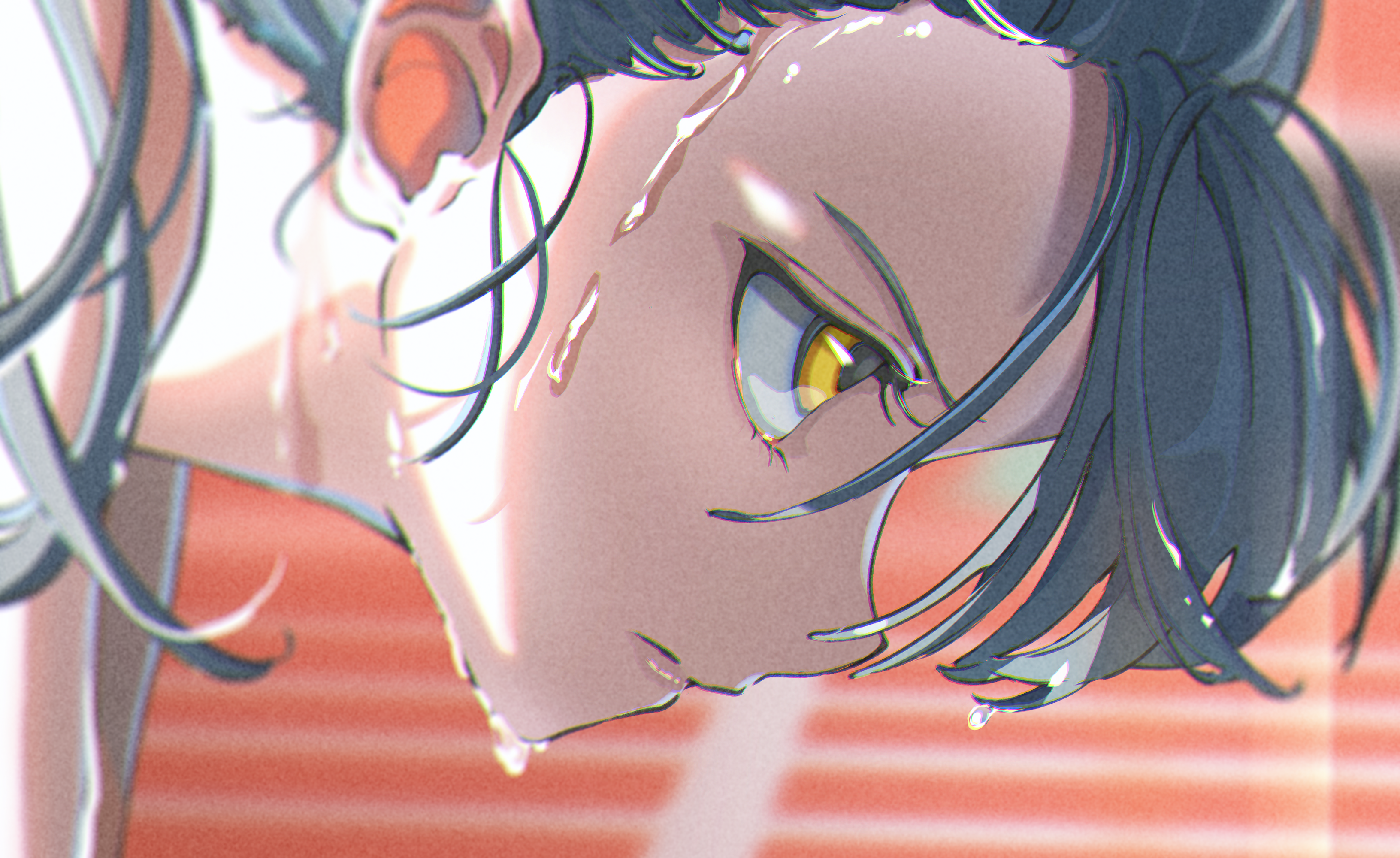 Girl with dark hair and yellow eyes sweating HD Wallpaper
