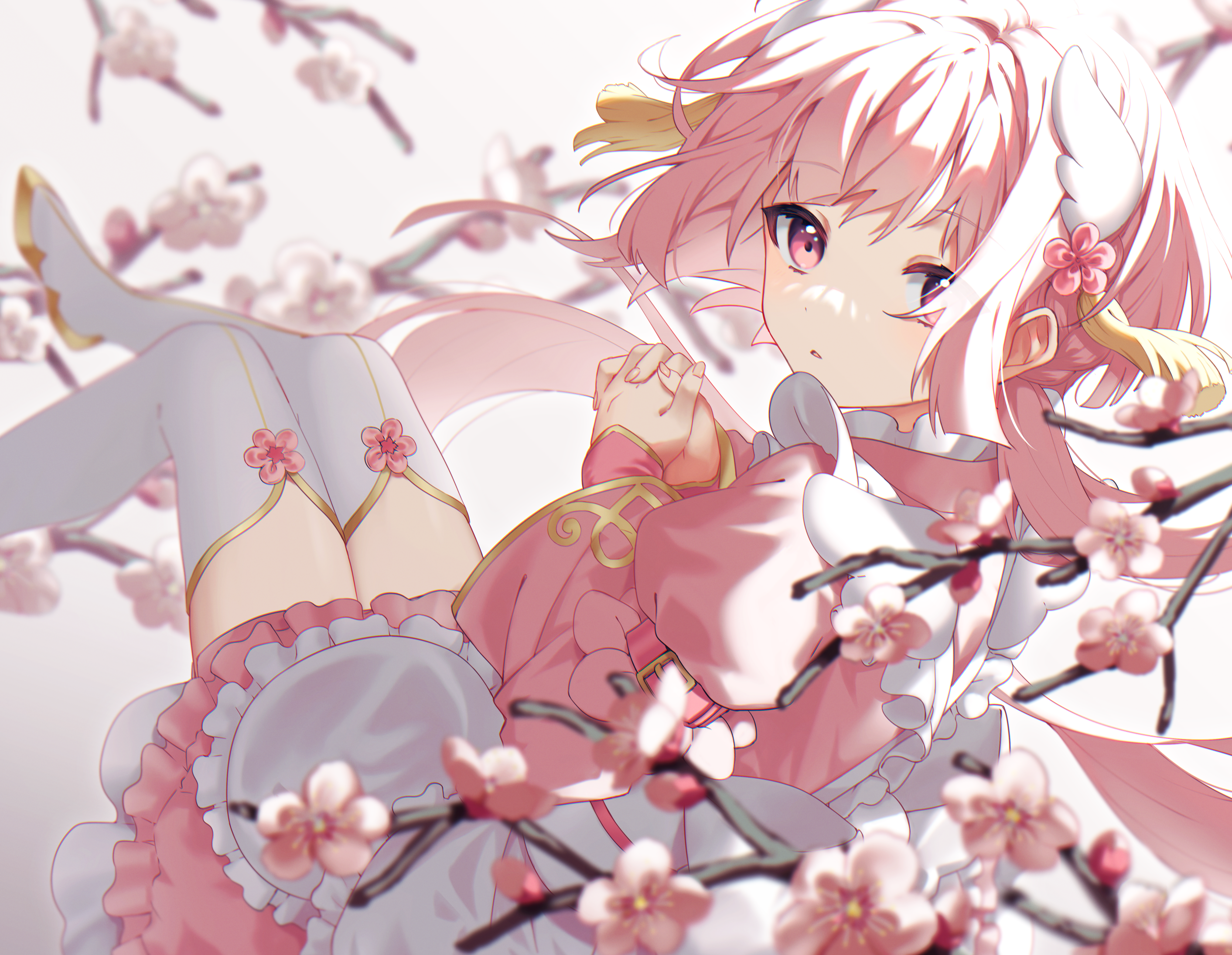 Anime girl with pink hair and flowers HD Wallpaper