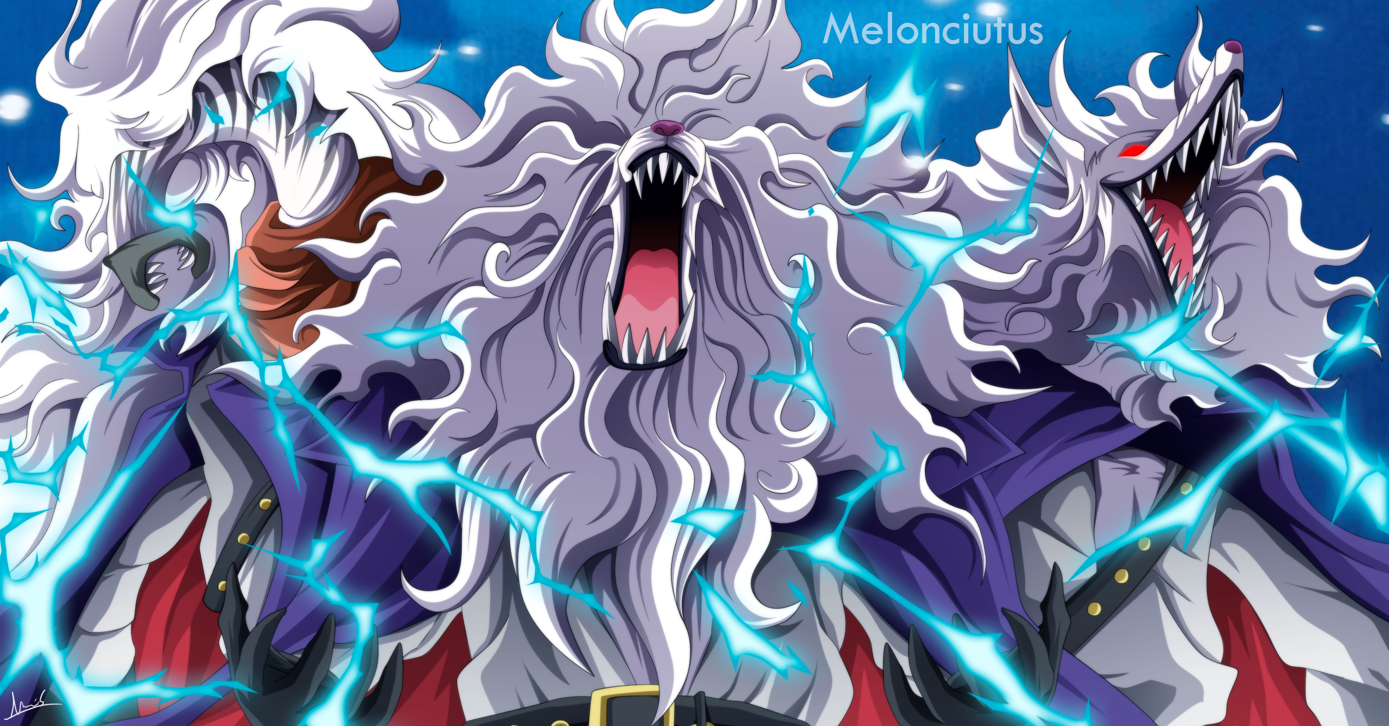 Three wolf-like creatures with white fur and blue lightning HD Wallpaper