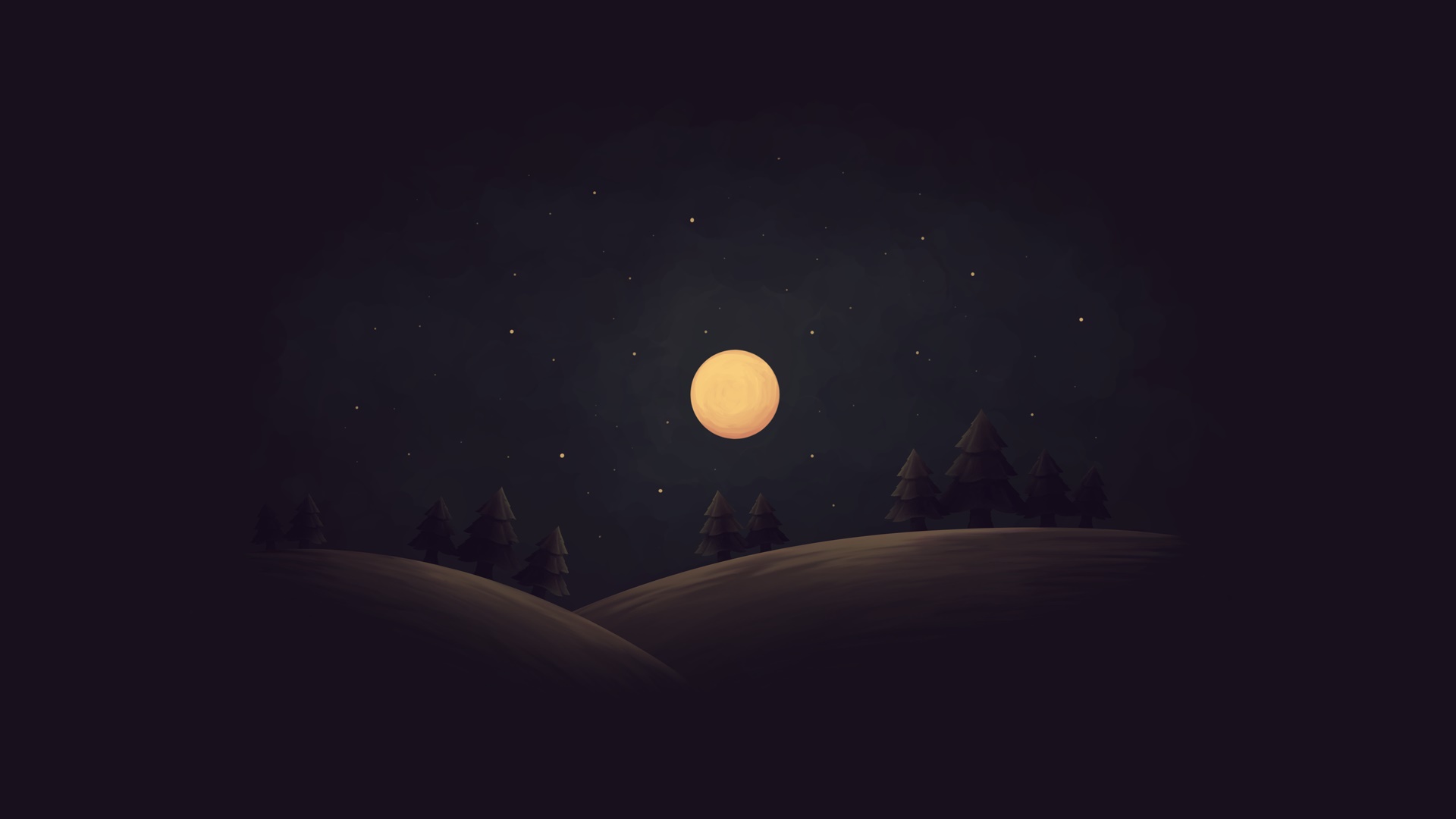 Simple Night Landscape with Moon and Stars HD Wallpaper