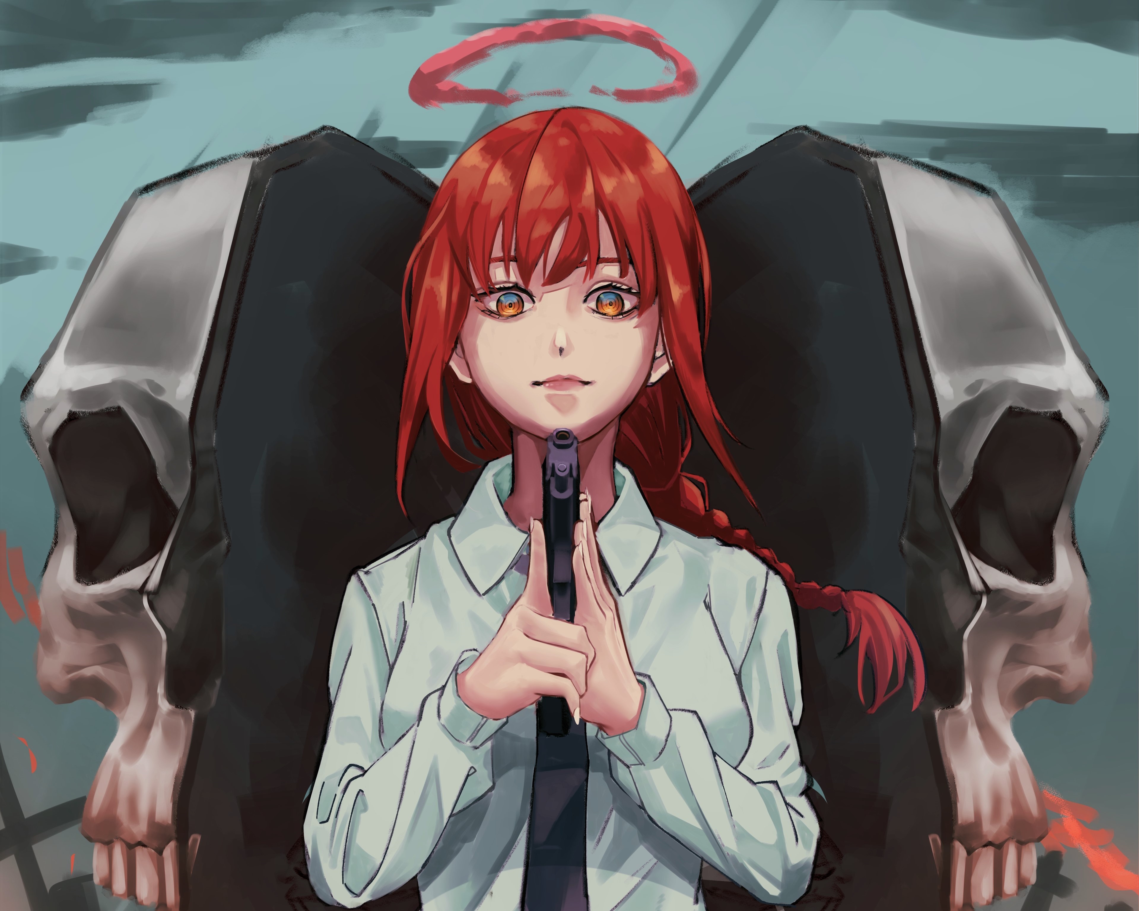 Makima from Chainsaw Man with gun and skulls HD Wallpaper