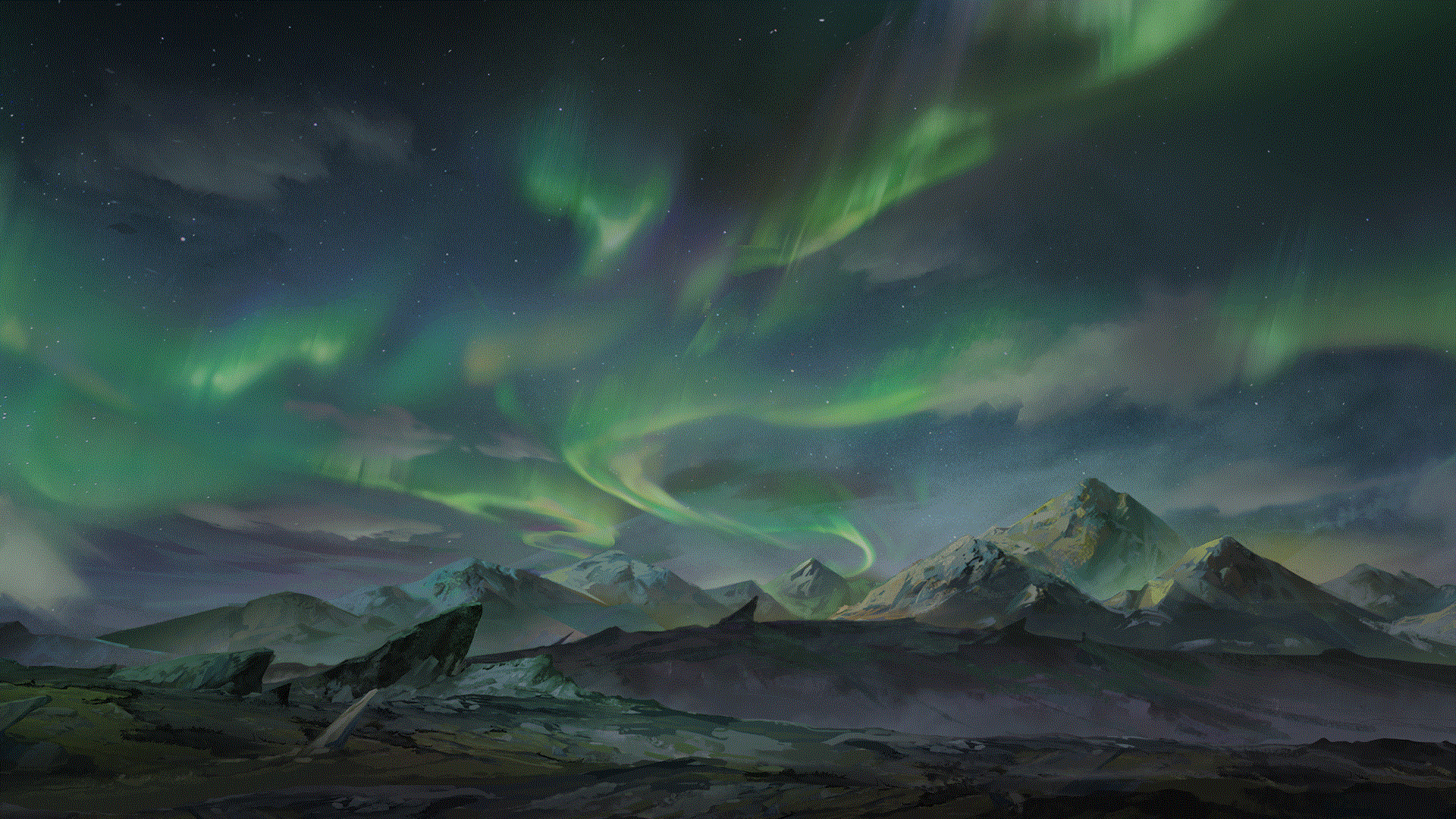Aurora Borealis over snowy mountains HD Wallpaper