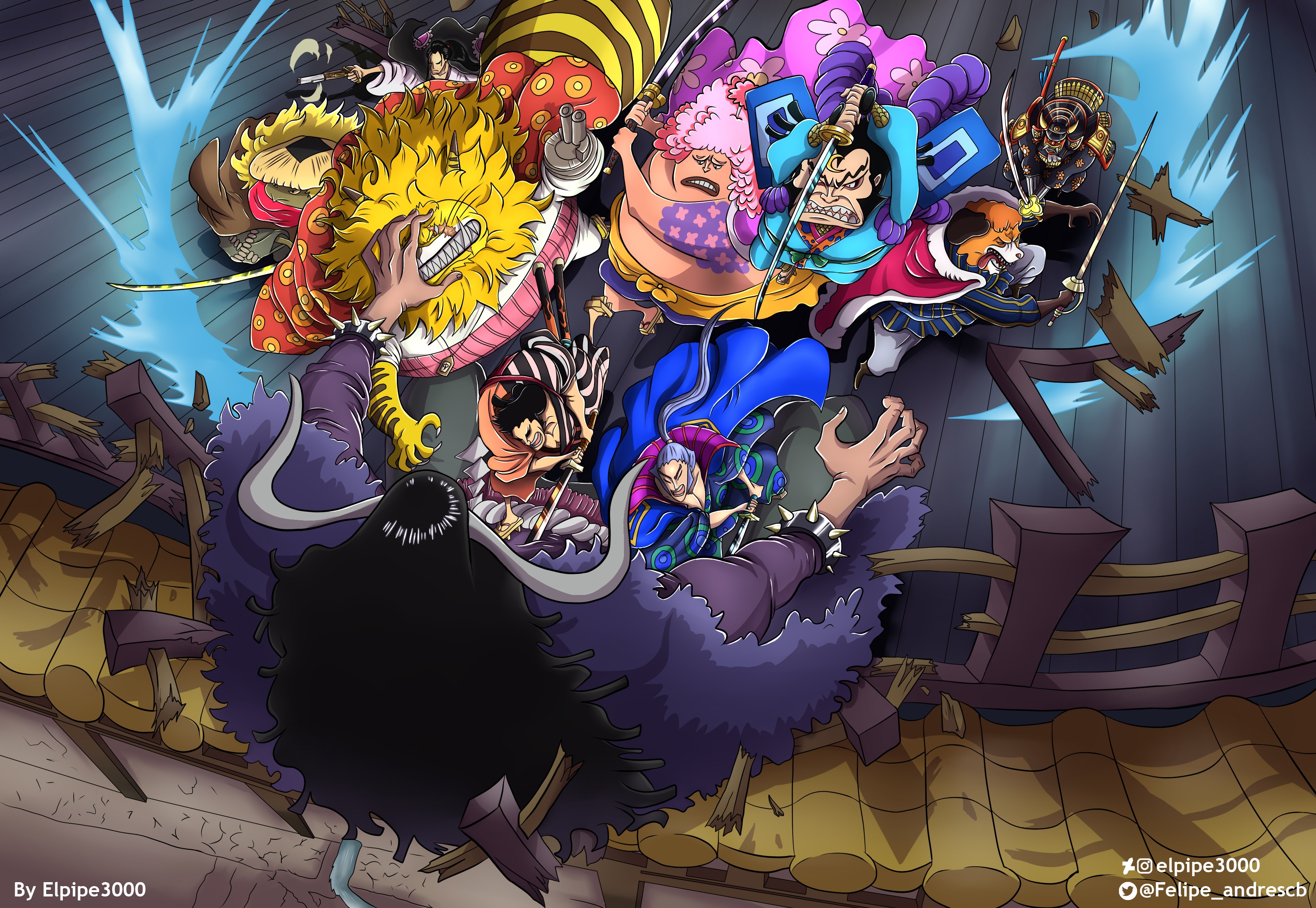 One Piece characters fighting on a wooden structure HD Wallpaper