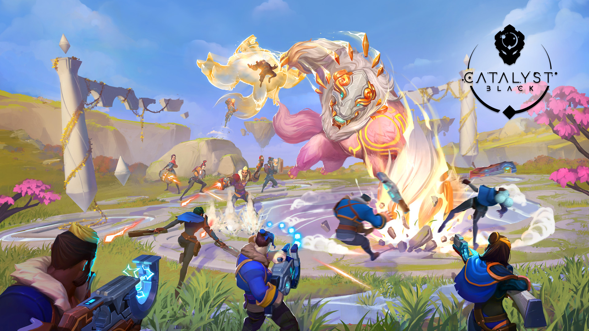 Catalyst Black characters fighting a large creature HD Wallpaper
