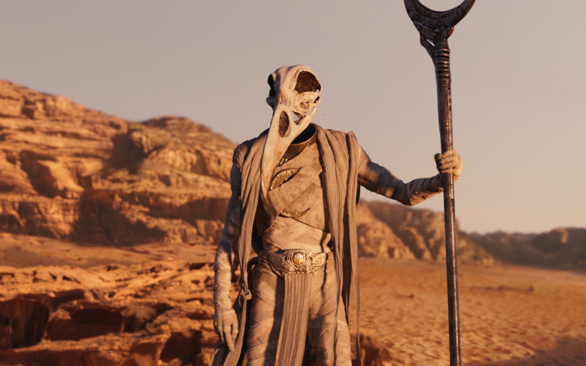 Moon Knight from Marvel holding Khonshu's staff in desert HD Wallpaper