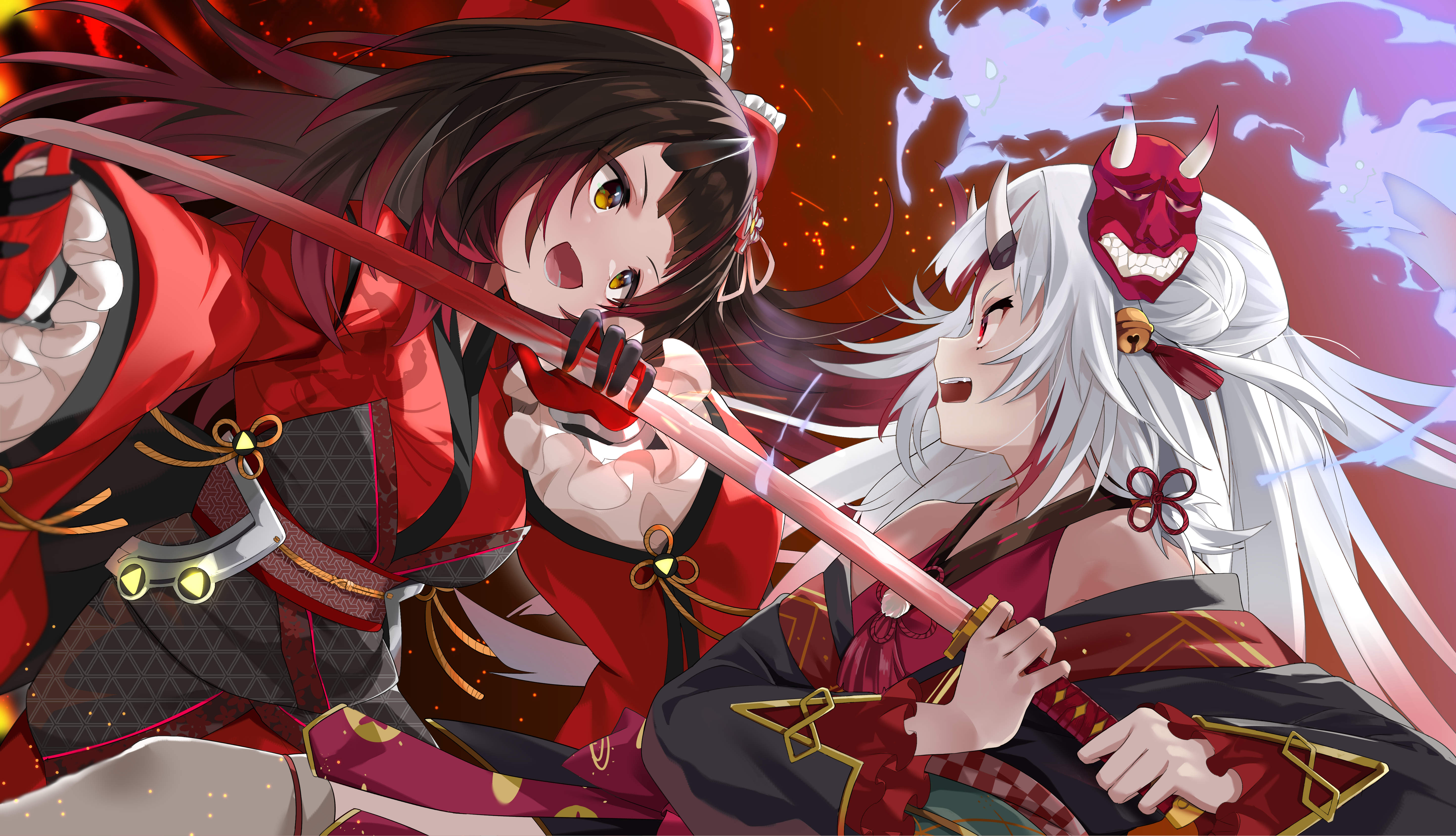 Nakiri Ayame and Roboco from Hololive clash swords HD Wallpaper