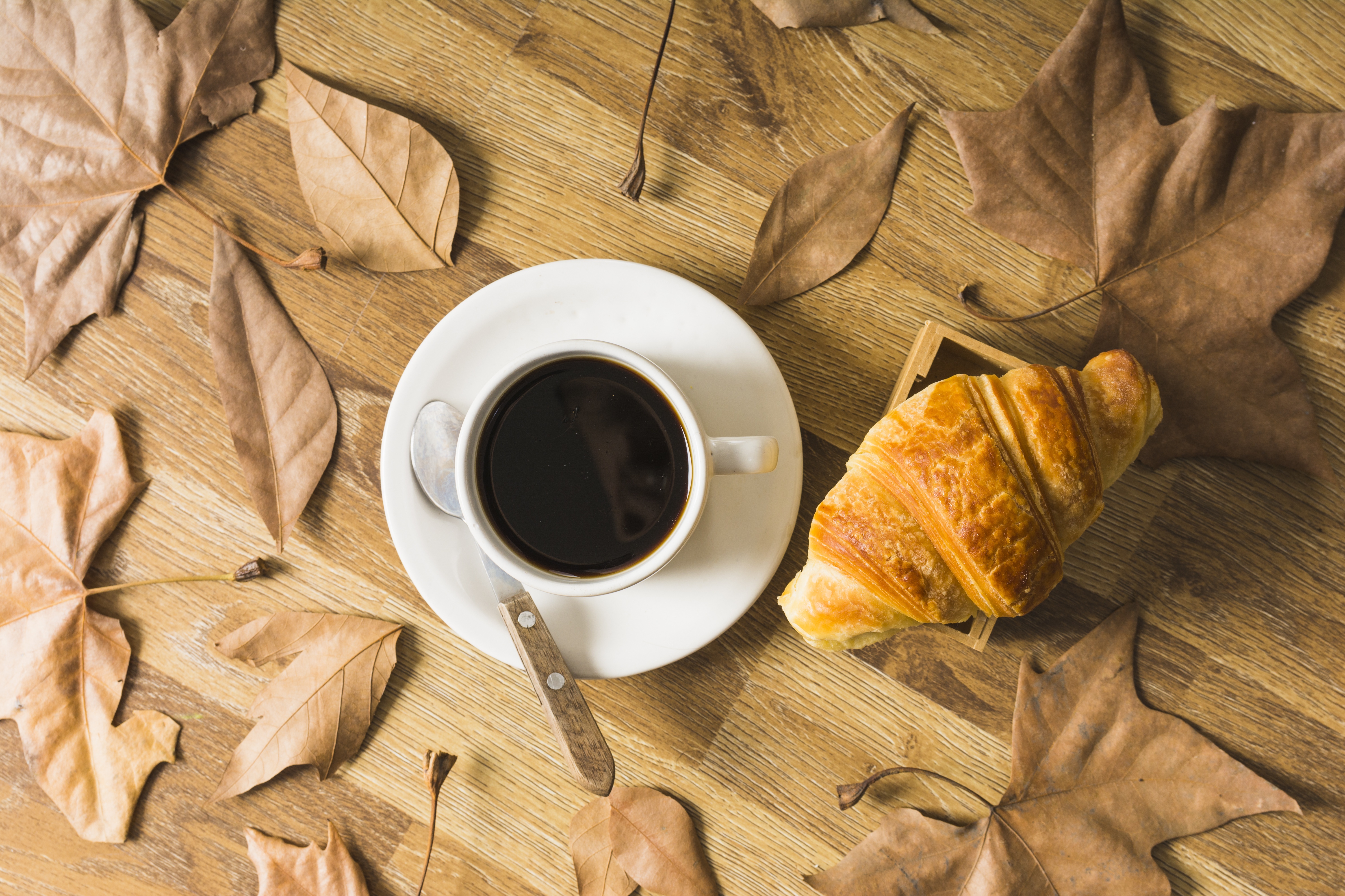 Coffee and Croissant with Autumn Leaves HD Wallpaper