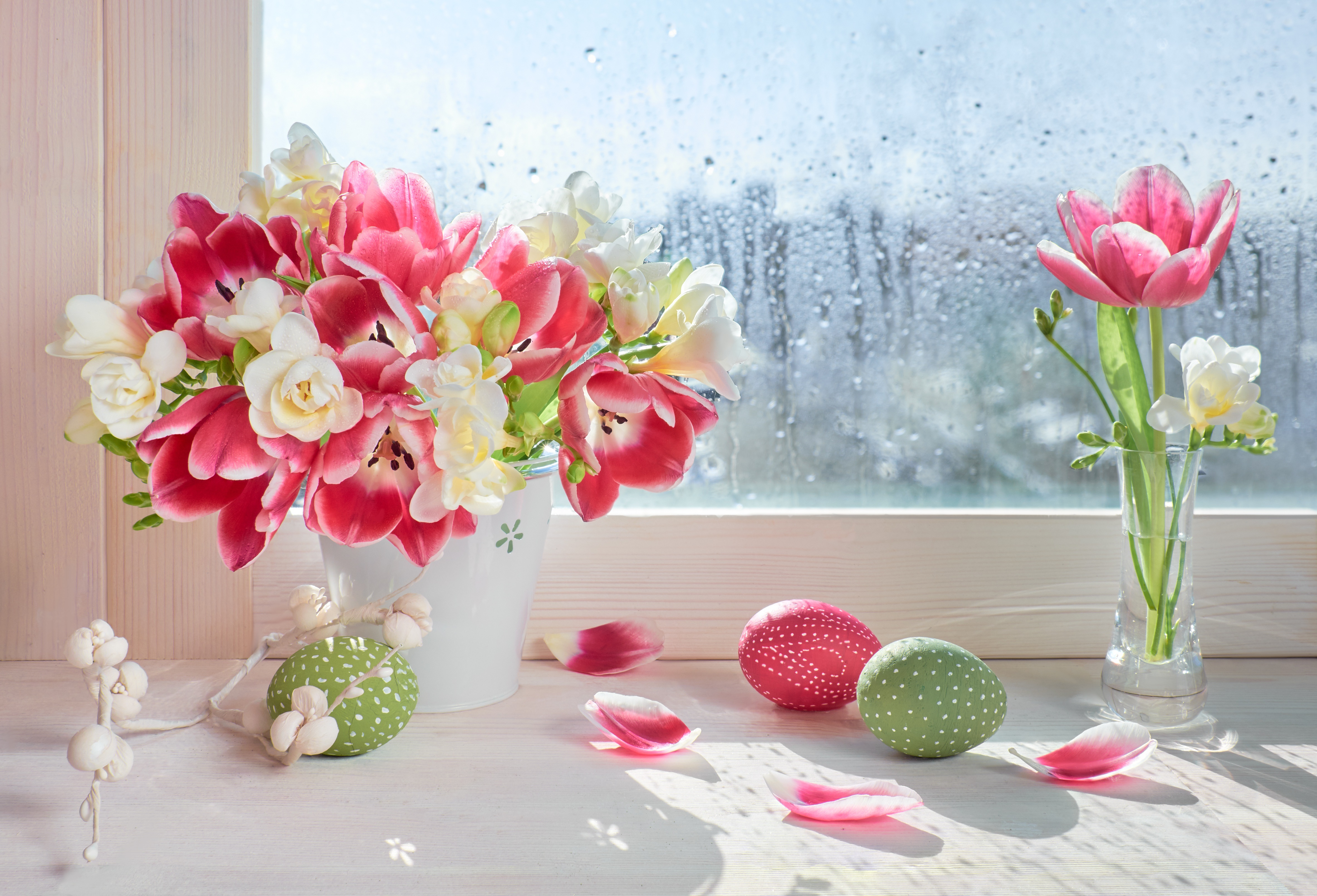 Easter Eggs and Tulips on a Rainy Window Sill 4K HD Wallpaper