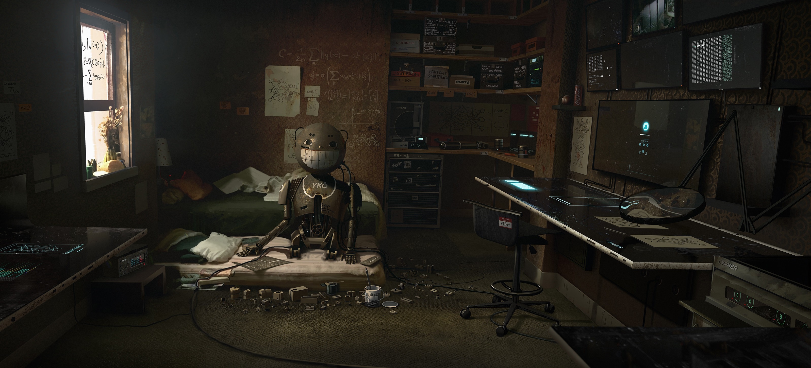 Sci-Fi Robot in a cluttered workshop HD Wallpaper
