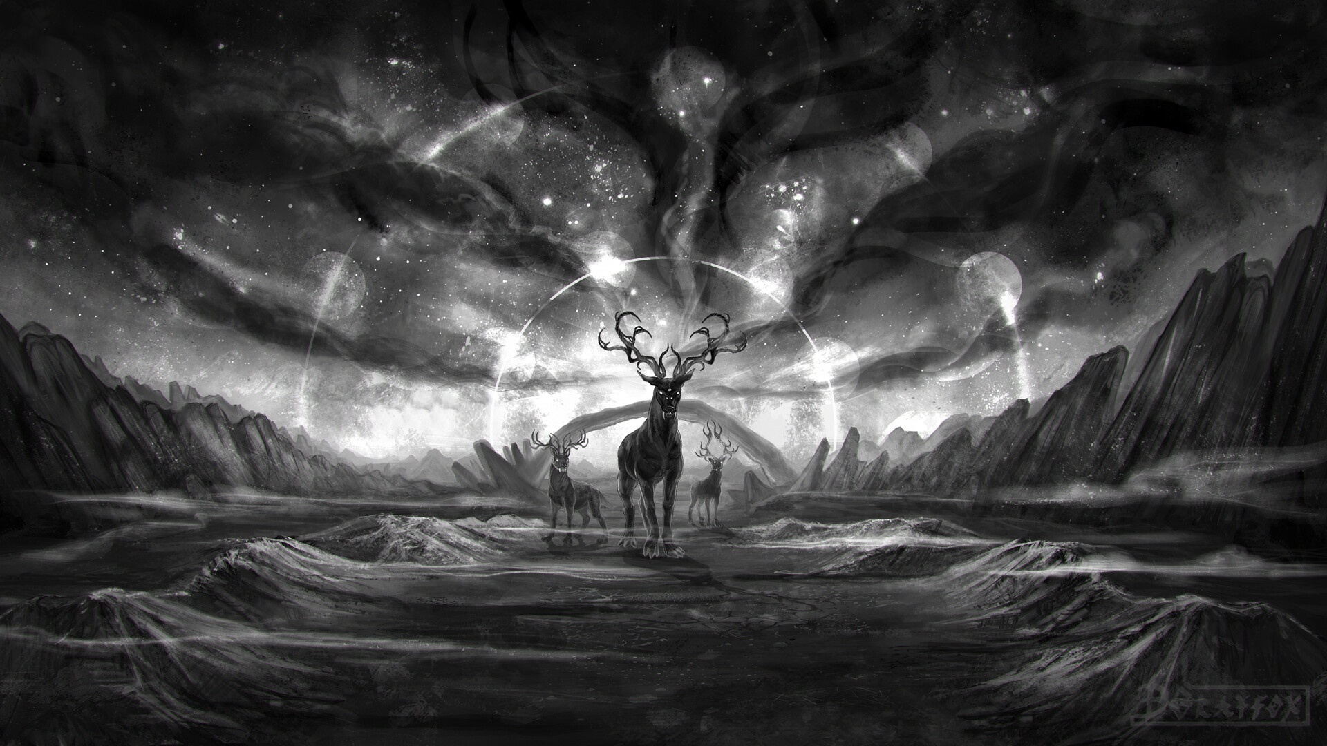 Fantasy deer in a dark, cosmic landscape HD Wallpaper
