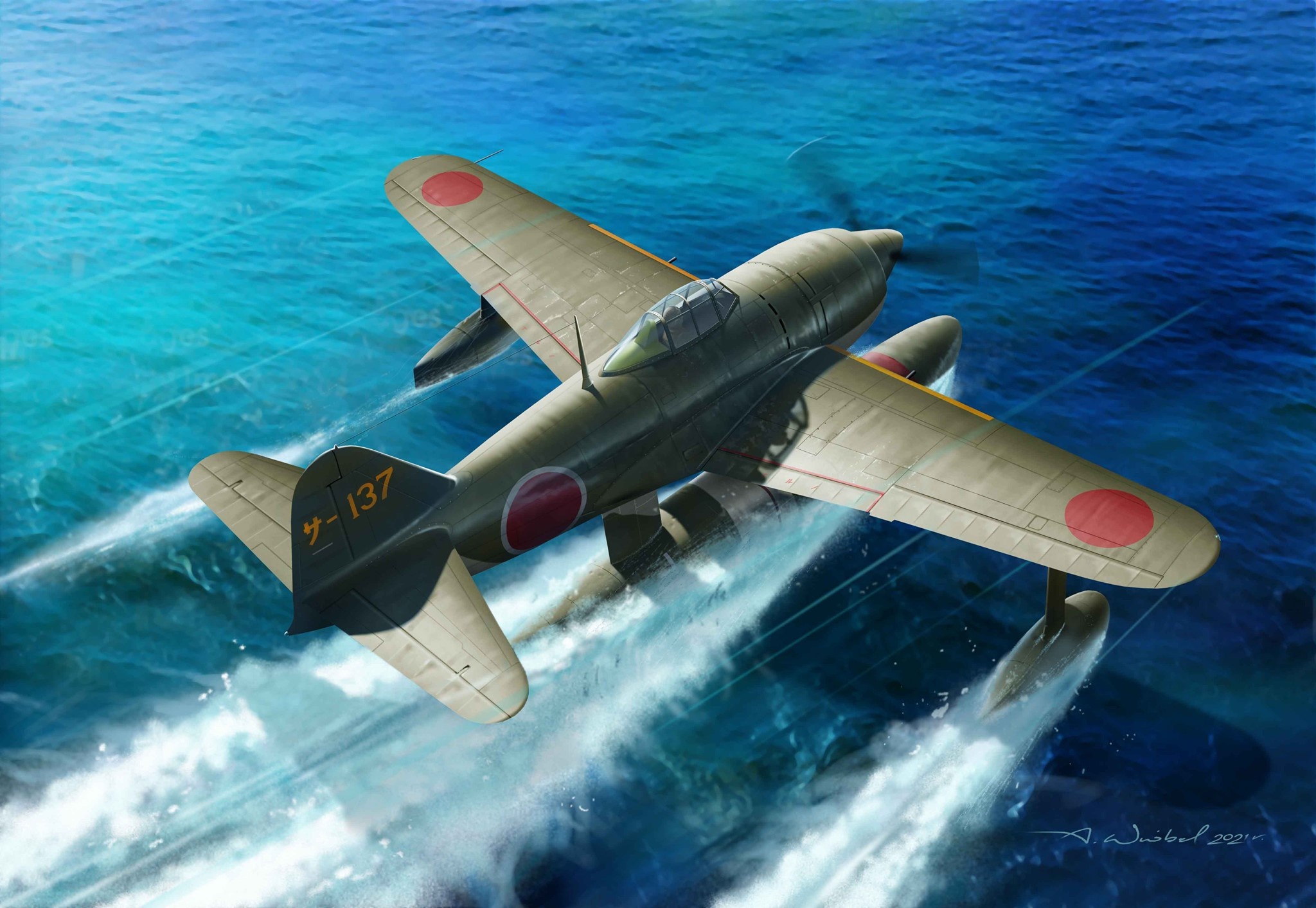 Kawanishi N1K floatplane flying over water HD Wallpaper