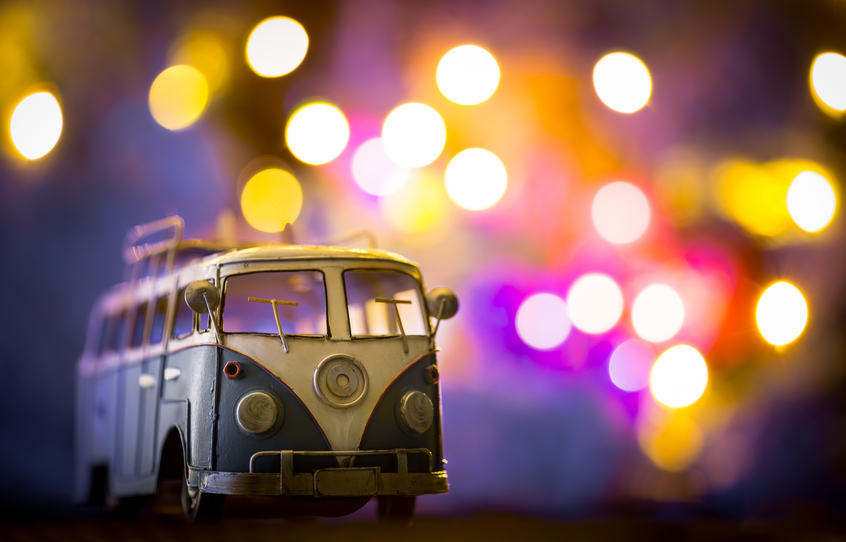 Toy Volkswagen Bus with Bokeh Lights HD Wallpaper