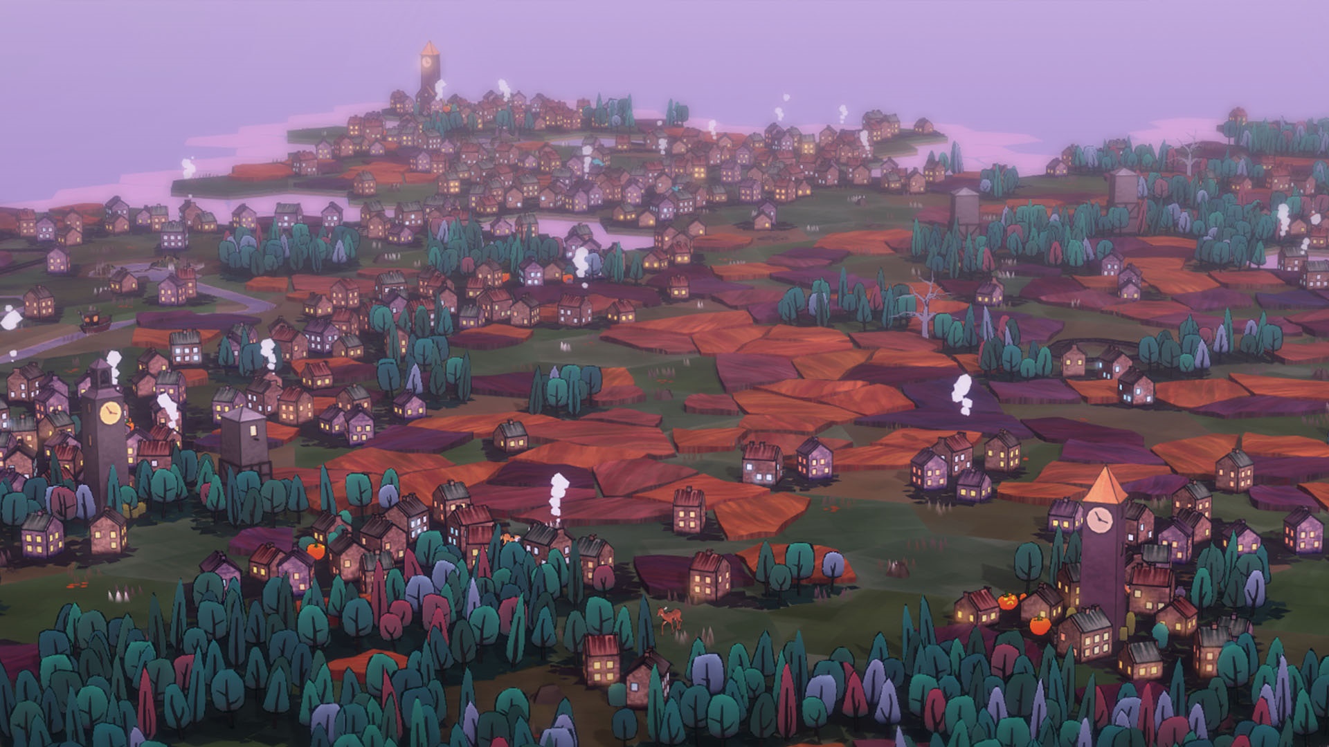 A stylized town with houses and trees at dusk HD Wallpaper