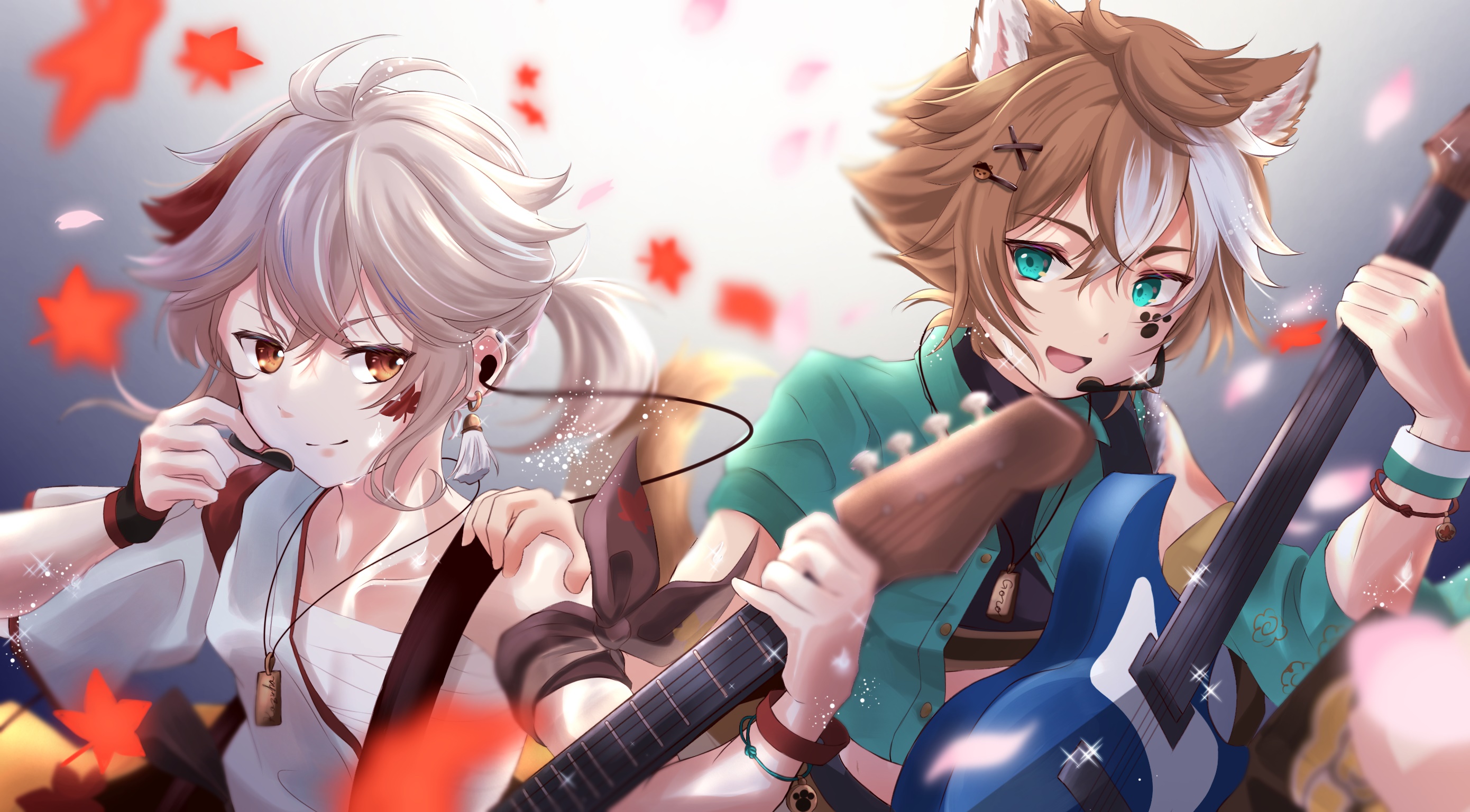 Gorou and Kaedehara Kazuha from Genshin Impact playing guitars HD Wallpaper