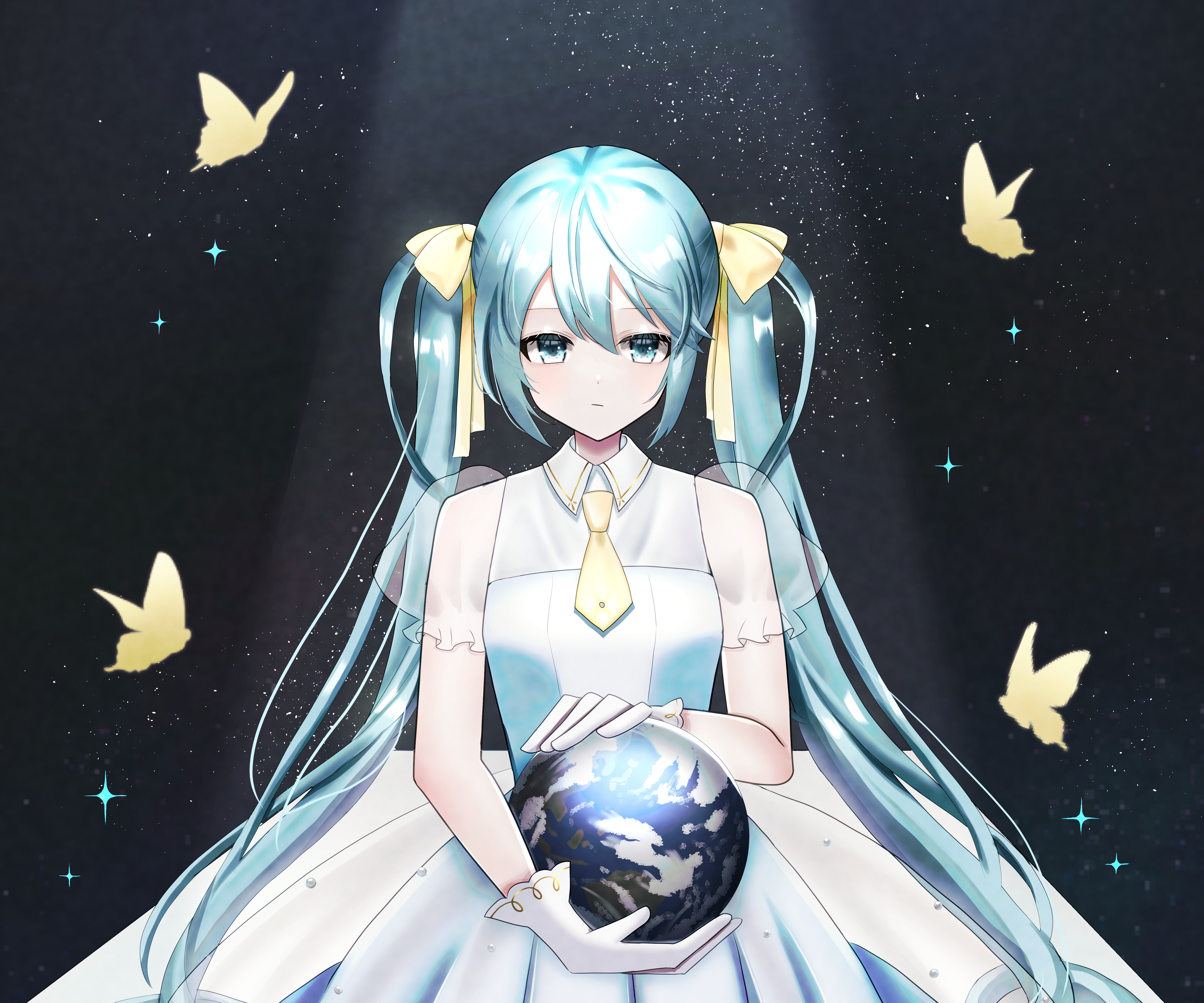 Hatsune Miku holding Earth with butterflies HD Wallpaper